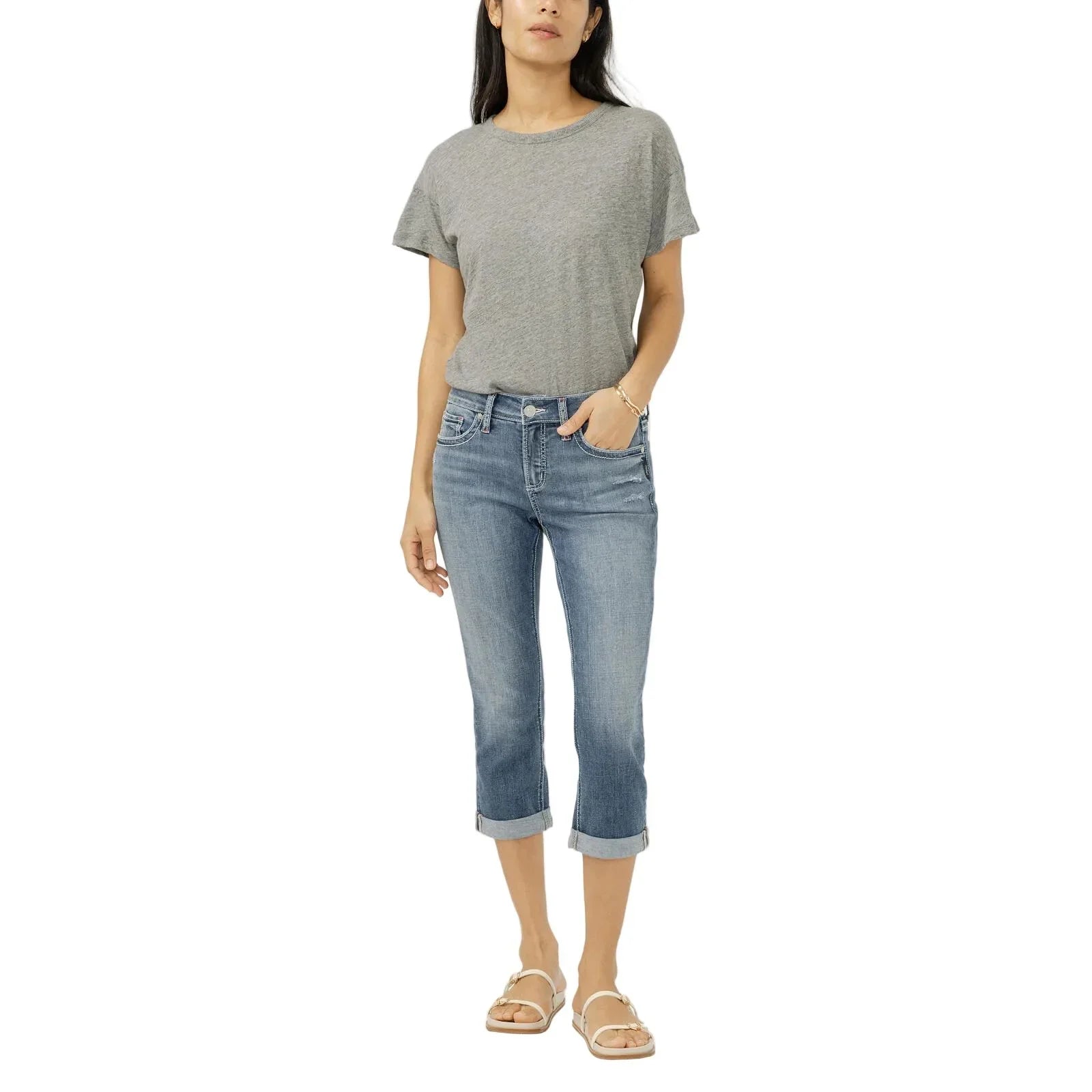 Women's Silver Jeans Saturday Morning Elyse Mid Rise Americana Luxe Stretch Capri L43002CVS336