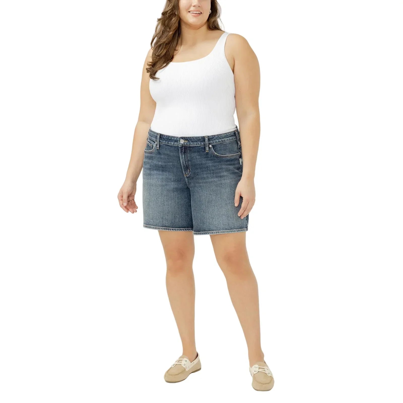 Women's Silver Satellite Suki Mid Rise Long Shorts Plus Size W53971ADM394