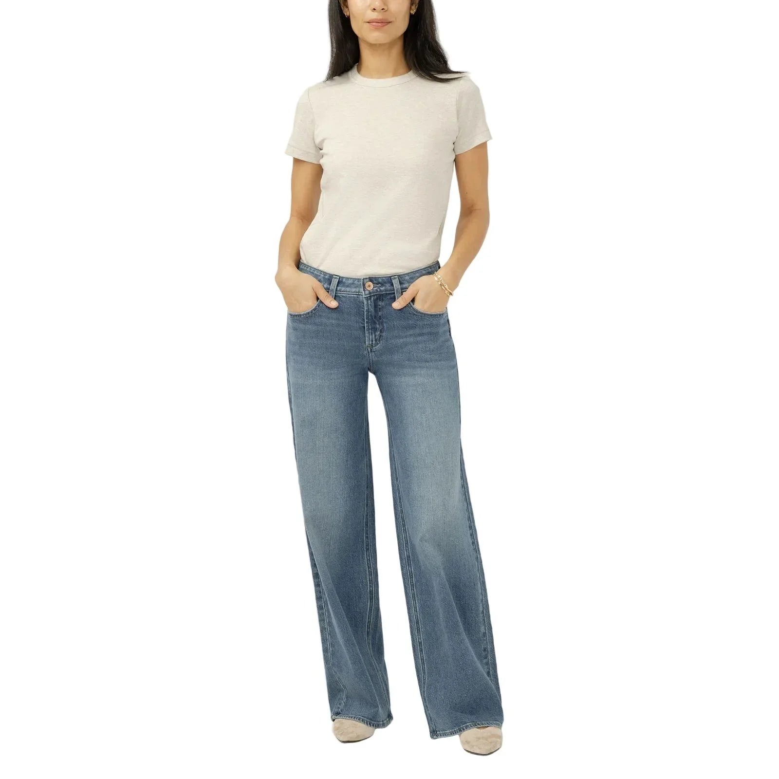 Women's Silver Synth Suki Mid Rise Wide Leg Jeans L93905ADM333