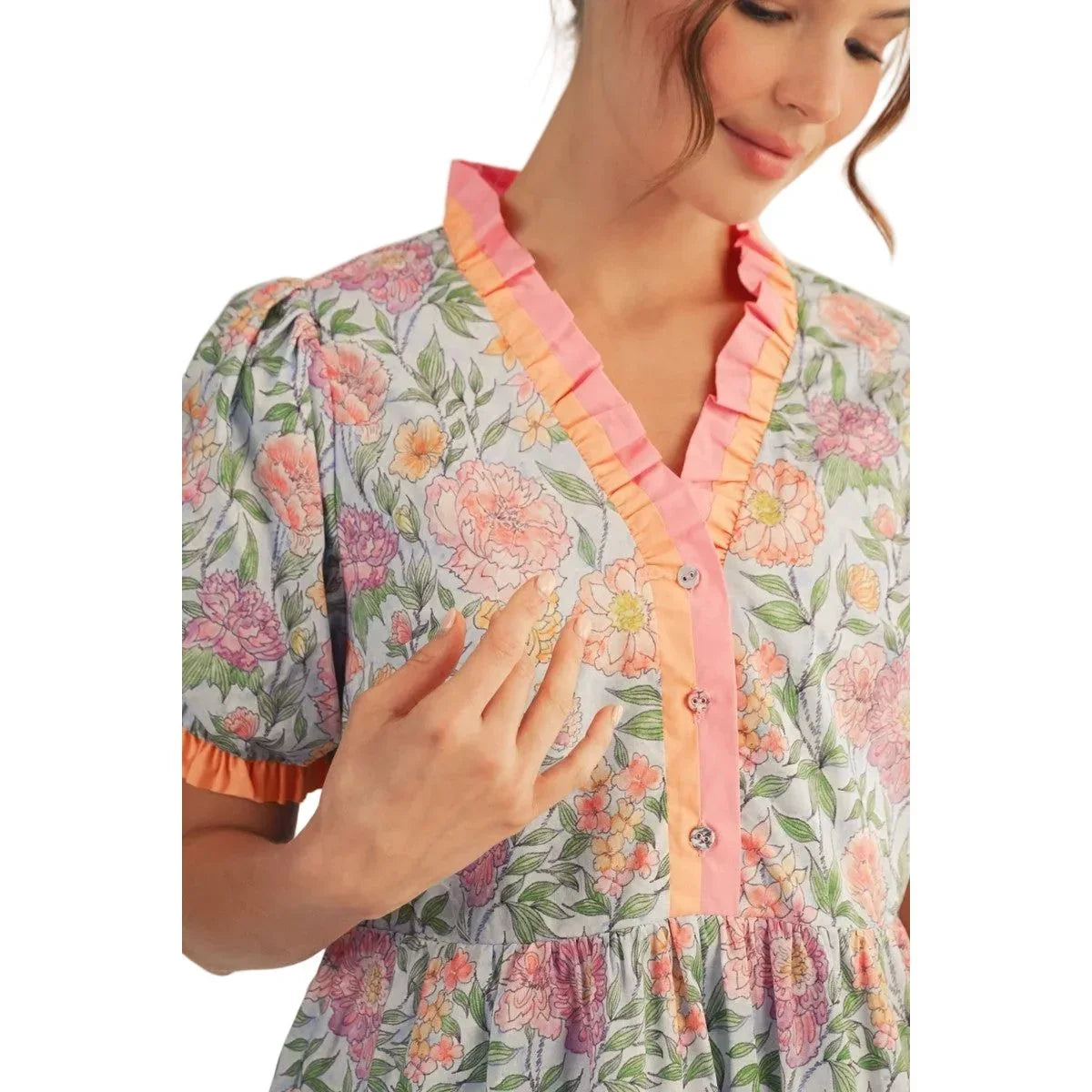 Women's Sky Blue Solid Contrast Detail Tiered Floral Dress M50351