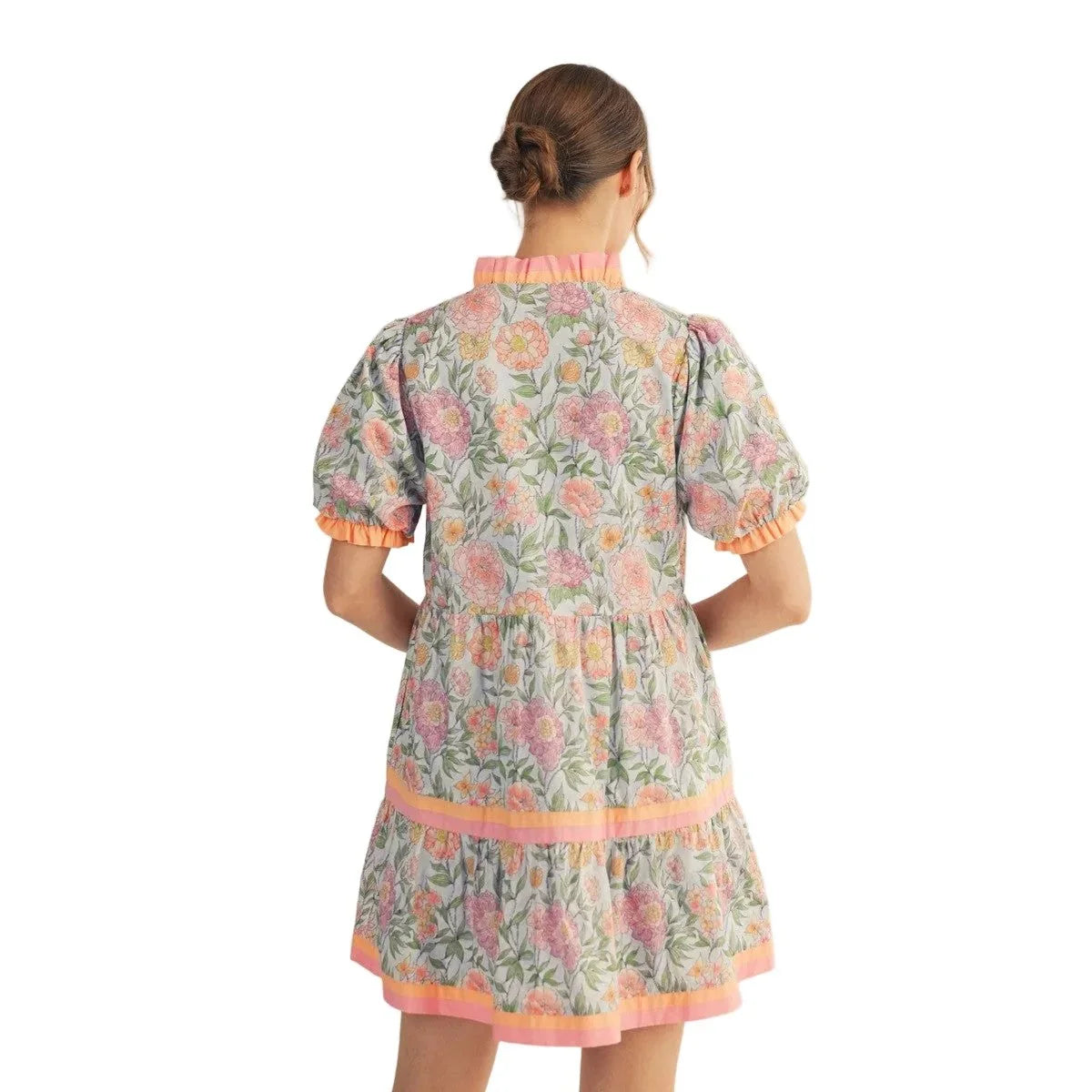 Women's Sky Blue Solid Contrast Detail Tiered Floral Dress M50351