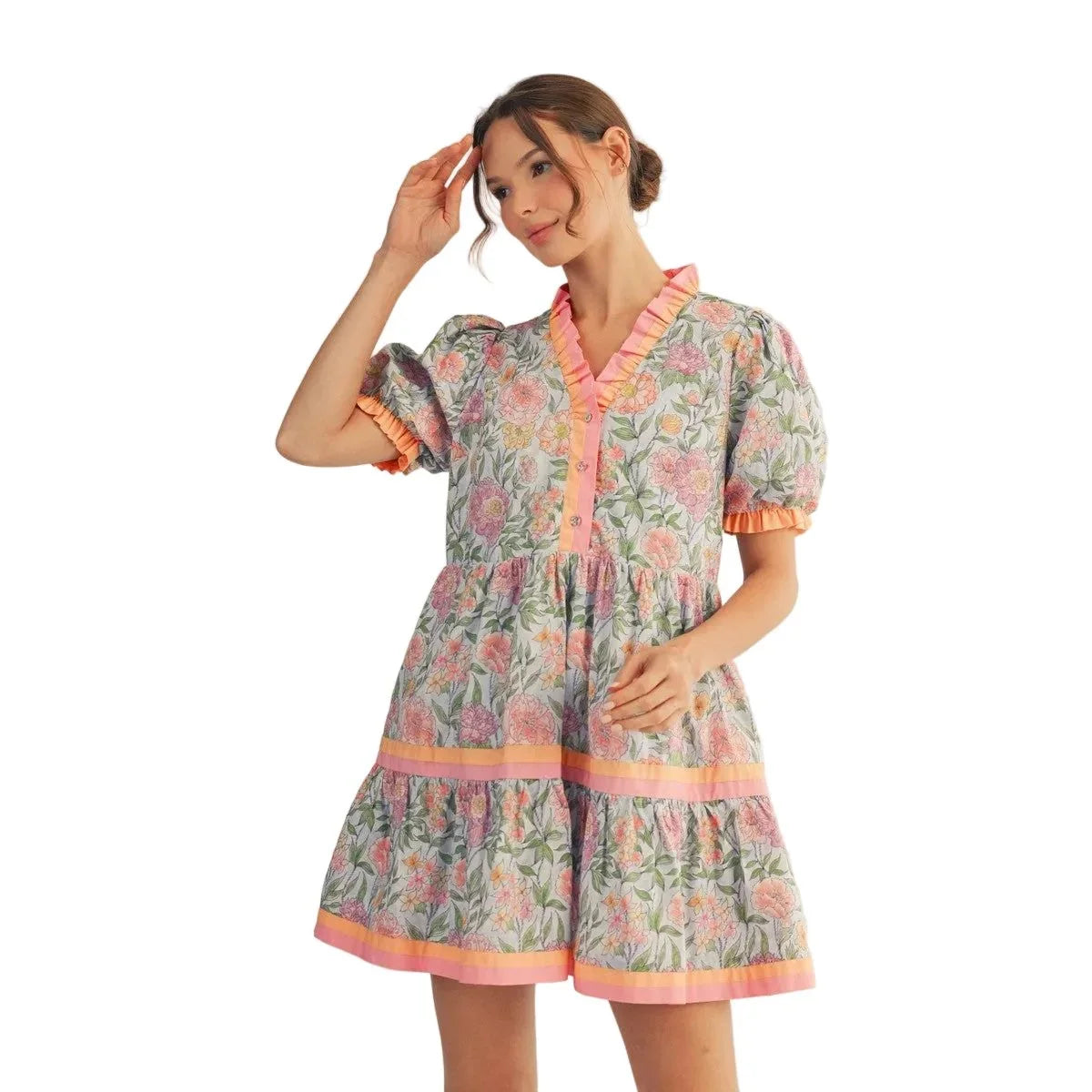 Women's Sky Blue Solid Contrast Detail Tiered Floral Dress M50351