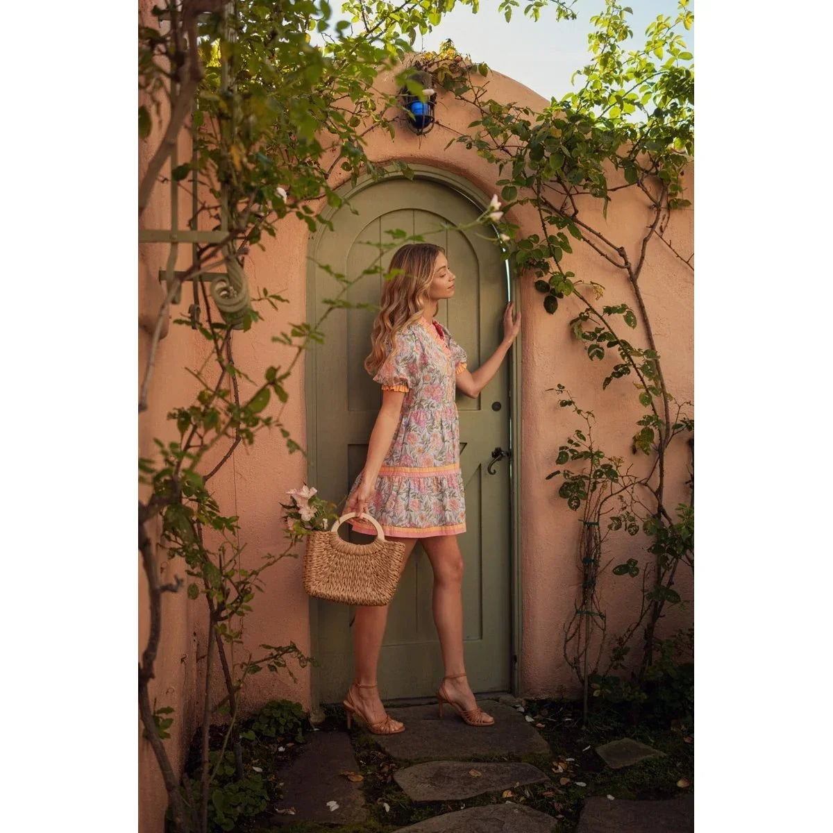 Women's Sky Blue Solid Contrast Detail Tiered Floral Dress M50351