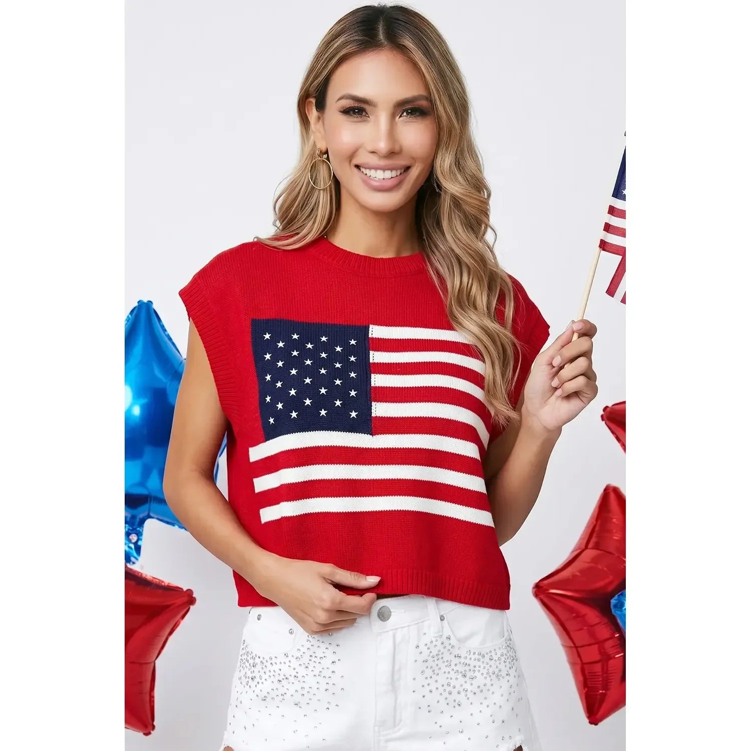 Women's Sleeveless 4TH of July Stars and Stripes Sweater Top