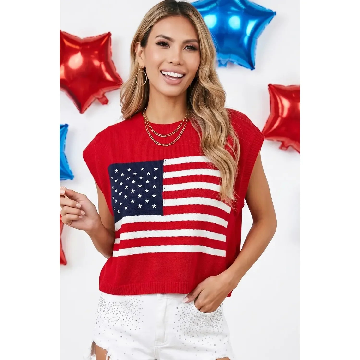 Women's Sleeveless 4TH of July Stars and Stripes Sweater Top