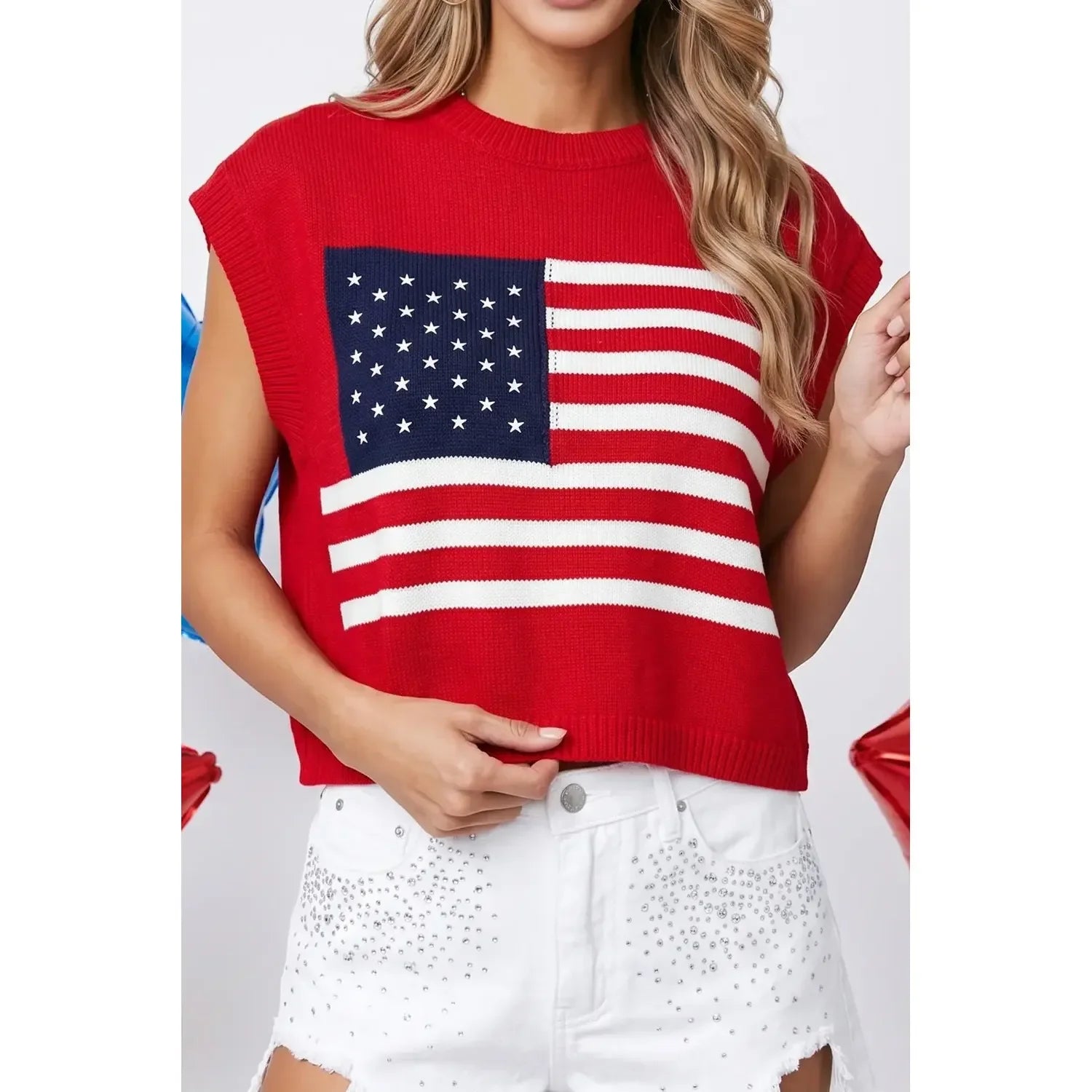 Women's Sleeveless 4TH of July Stars and Stripes Sweater Top
