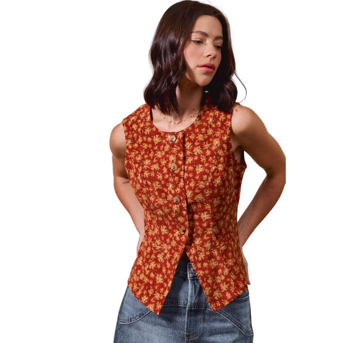 Women's Slim Fit Button Front Floral Corduroy Vest Top ST2710F-05