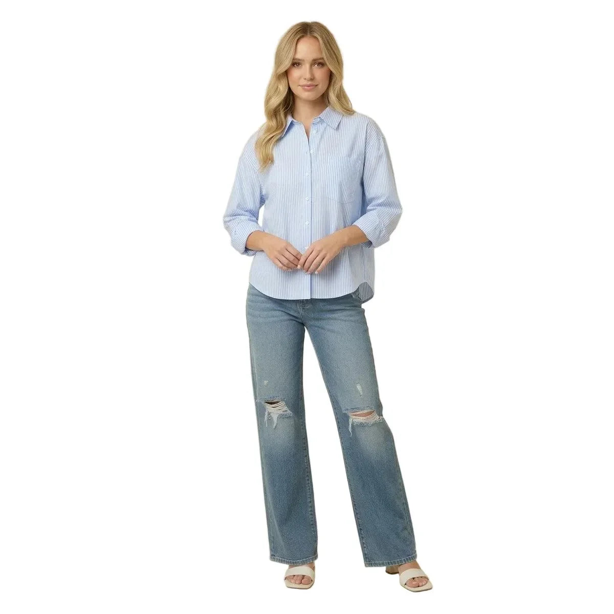 Women's Soft Stripe Button Down Tencel Blend Shirts SDT6490