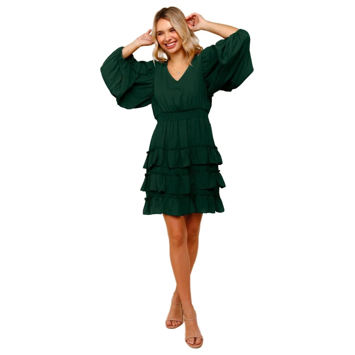 Women's Solid Tiered Ruffle Midi Woven Dress HCD7207A