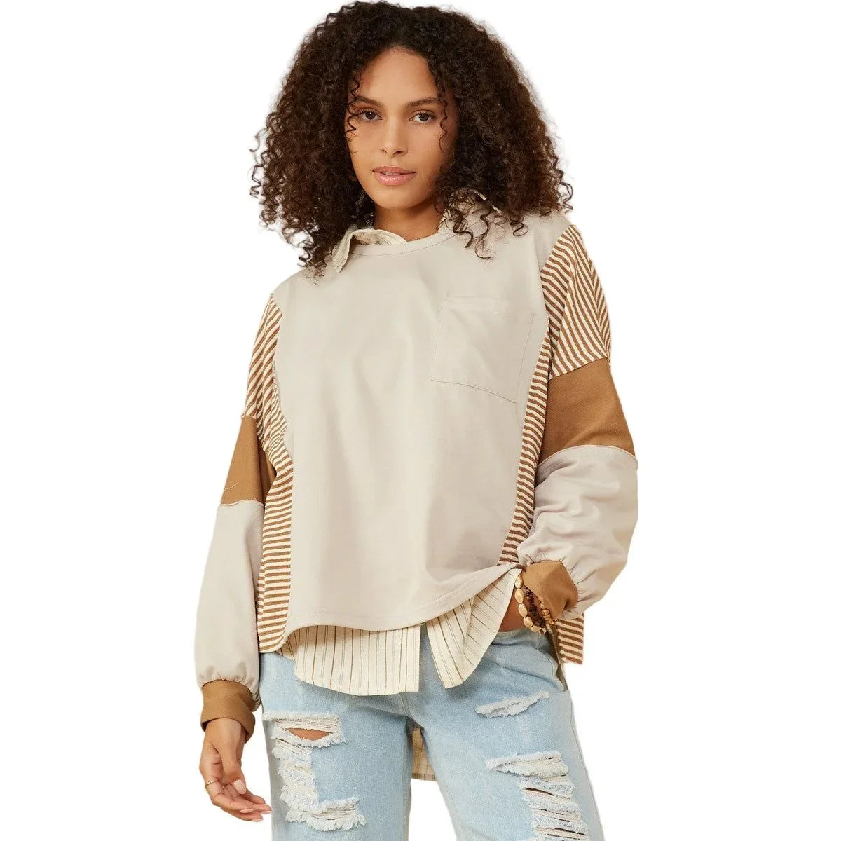 Women's Stripe and Color Block Sleeve Knit Top