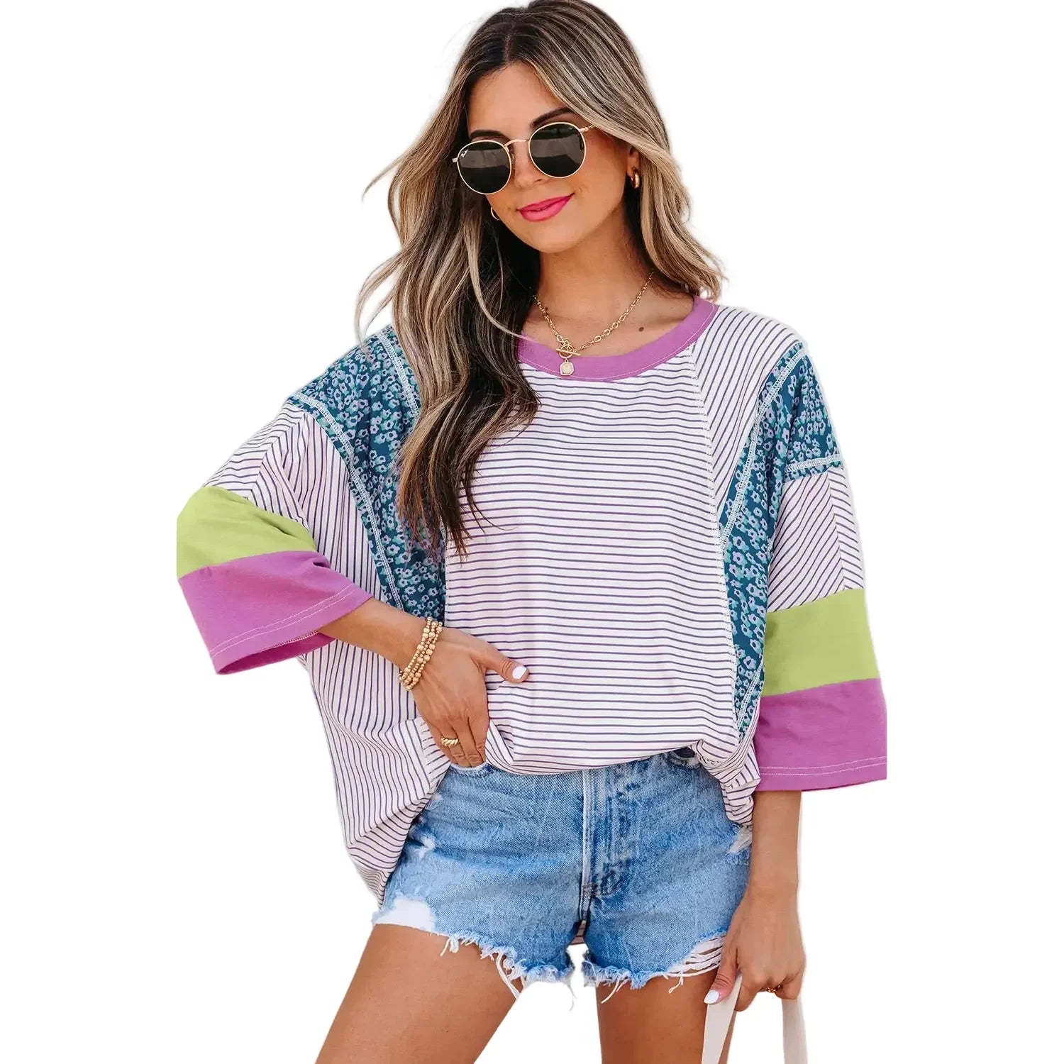 Women's Stripe Floral Raw Edge Patchwork Bracelet Sleeve Top