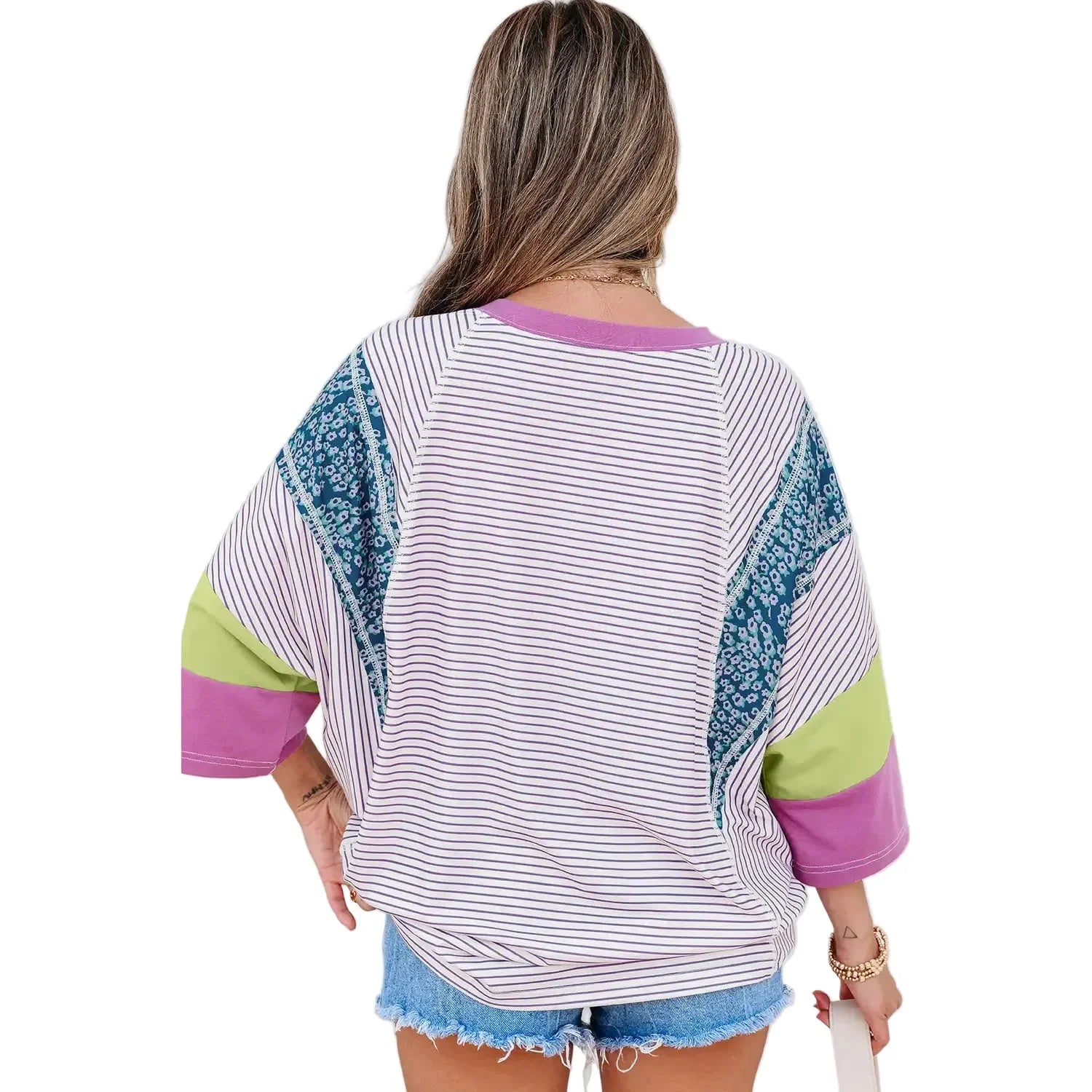 Women's Stripe Floral Raw Edge Patchwork Bracelet Sleeve Top