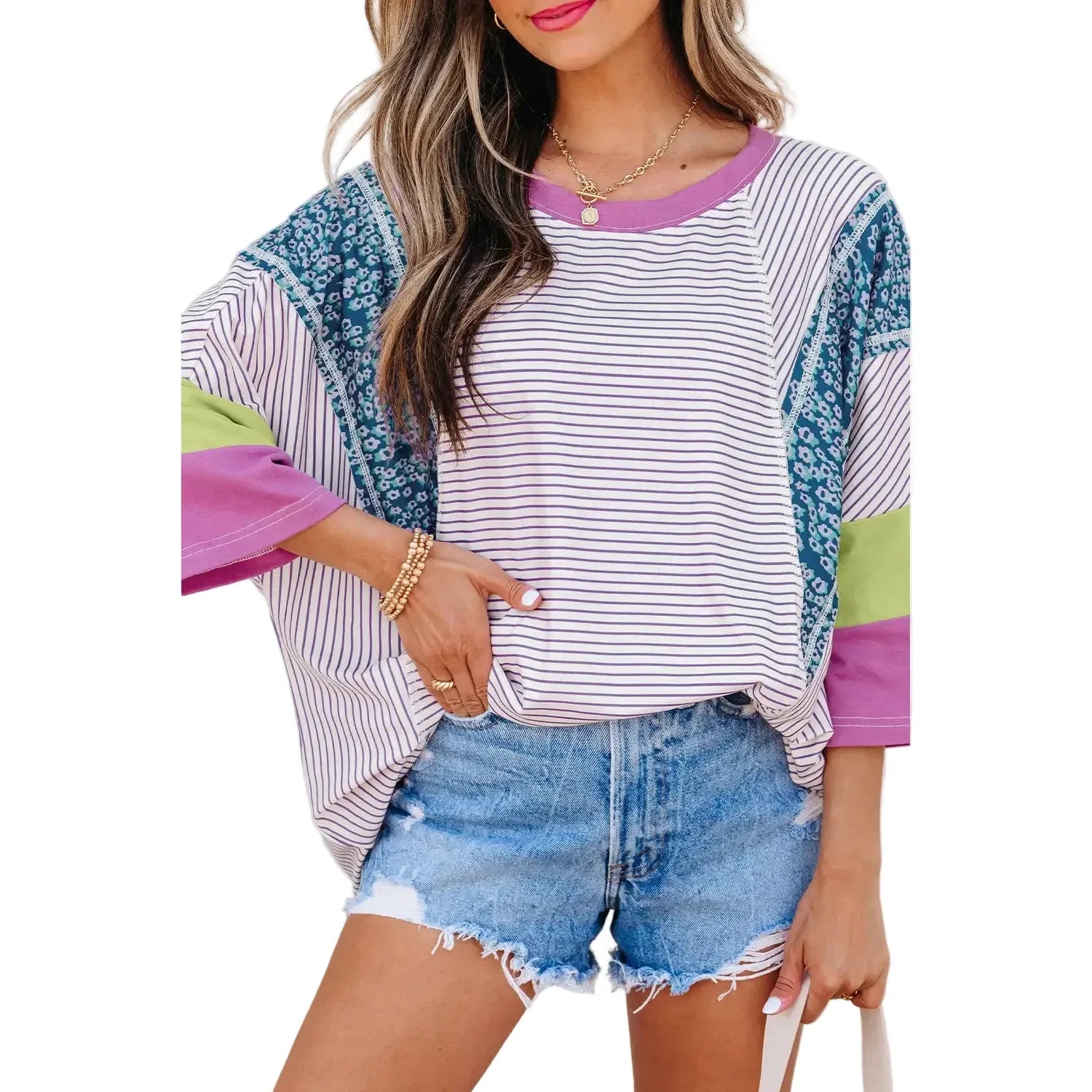 Women's Stripe Floral Raw Edge Patchwork Bracelet Sleeve Top