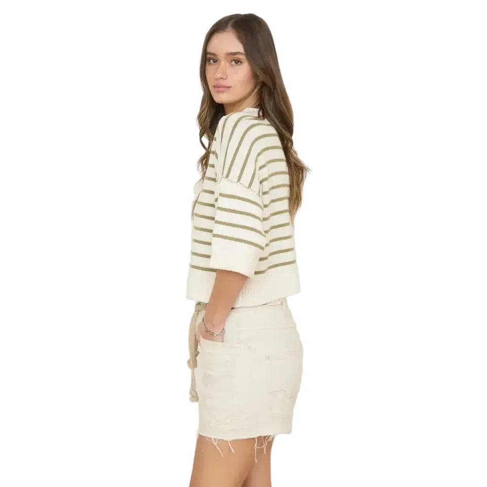 Women's Stripe Raw Edge Drop Shoulder Short Sleeve Sweater J6ST1036