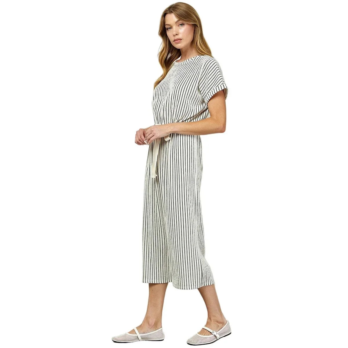 Women's Striped Midi Dress With Drawstring Waist D5917