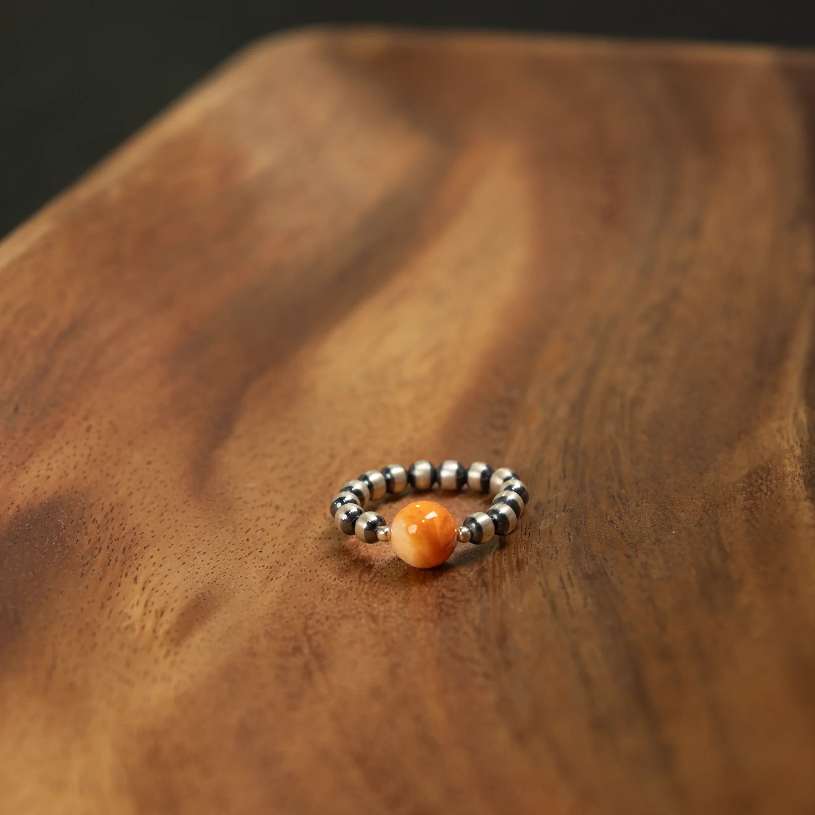 Women's Sunwest Handmade Navajo Pearl and Orange Stone Stretch Ring