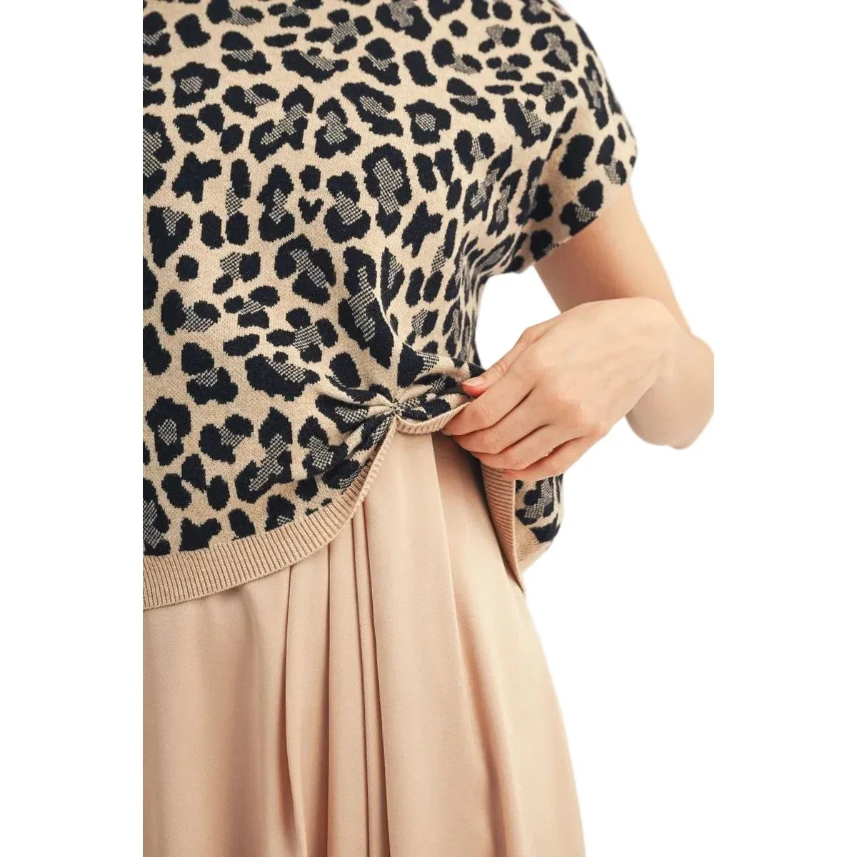 Women's Taupe Front Knot Accent Leopard Sweater Top G15760-1-TAUPE