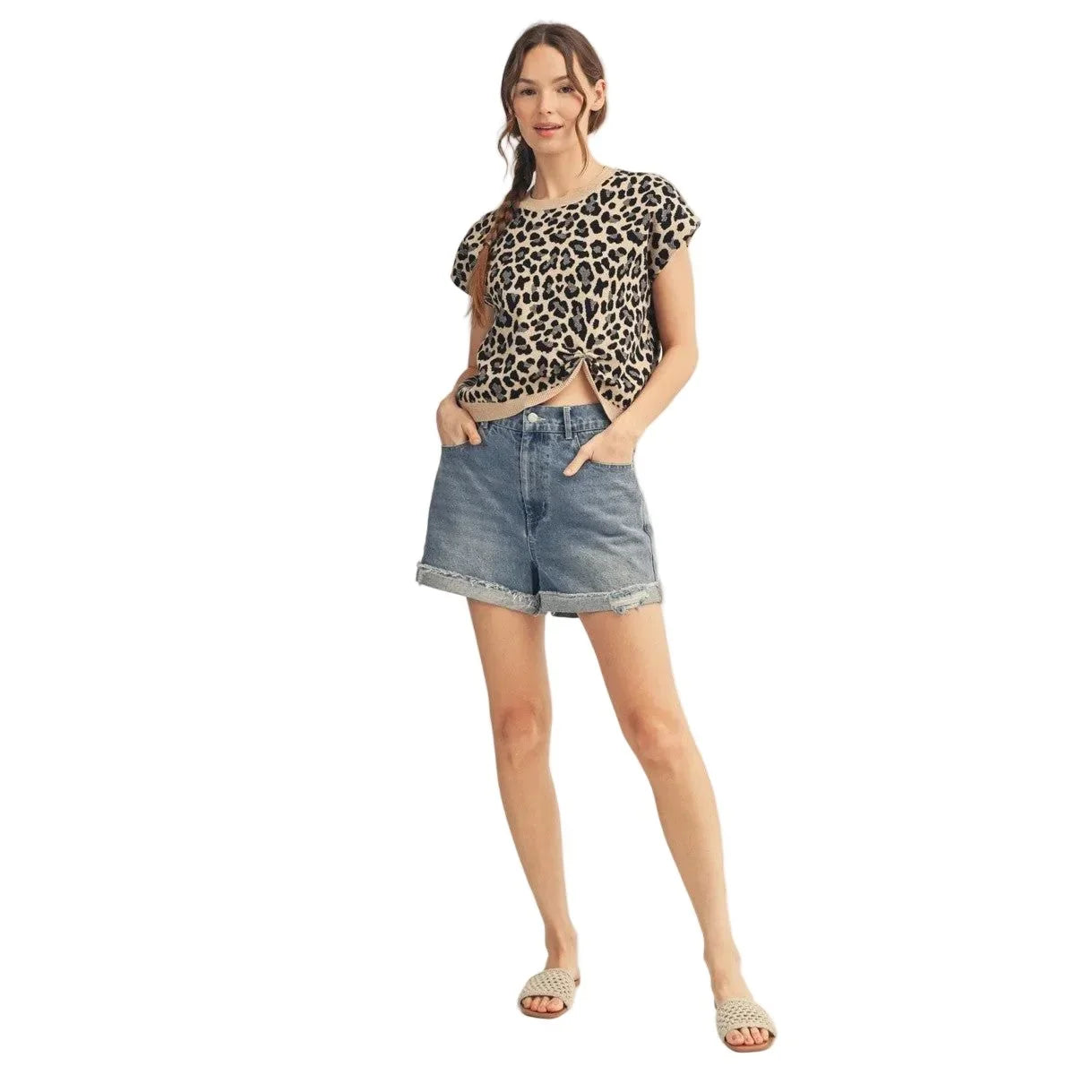 Women's Taupe Front Knot Accent Leopard Sweater Top G15760-1-TAUPE