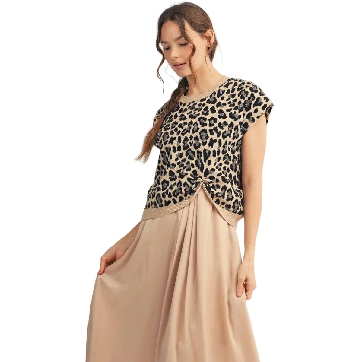 Women's Taupe Front Knot Accent Leopard Sweater Top G15760-1-TAUPE