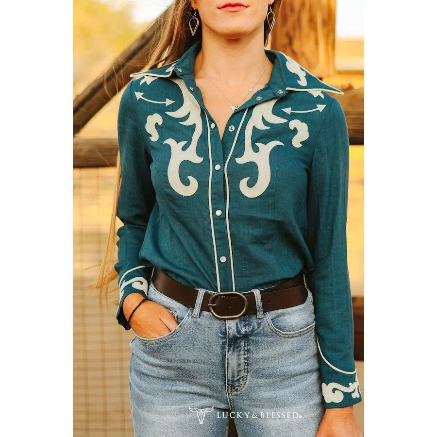 Women's Teal Ivory Patch Embroidered Boot Stitch Contrast Piping Button Down Shirt TO938-TL
