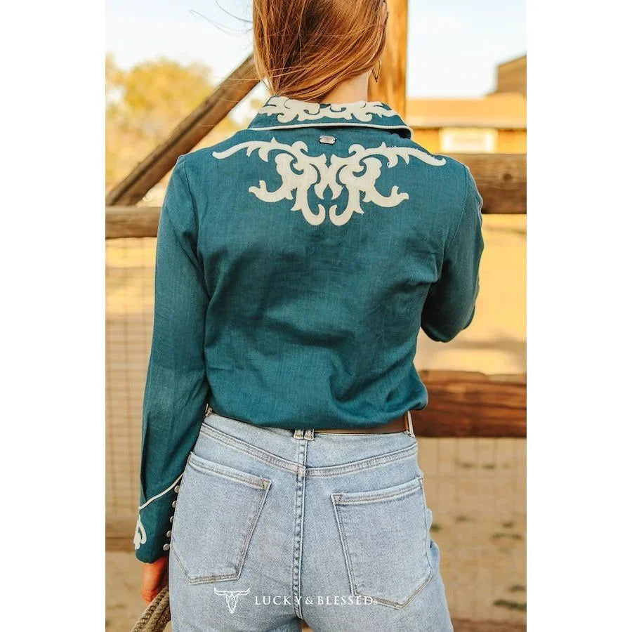 Women's Teal Ivory Patch Embroidered Boot Stitch Contrast Piping Button Down Shirt TO938-TL