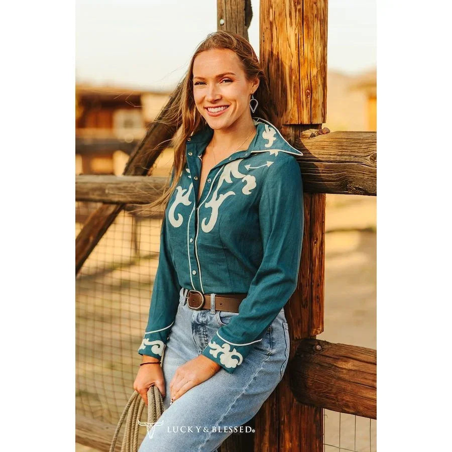 Women's Teal Ivory Patch Embroidered Boot Stitch Contrast Piping Button Down Shirt TO938-TL