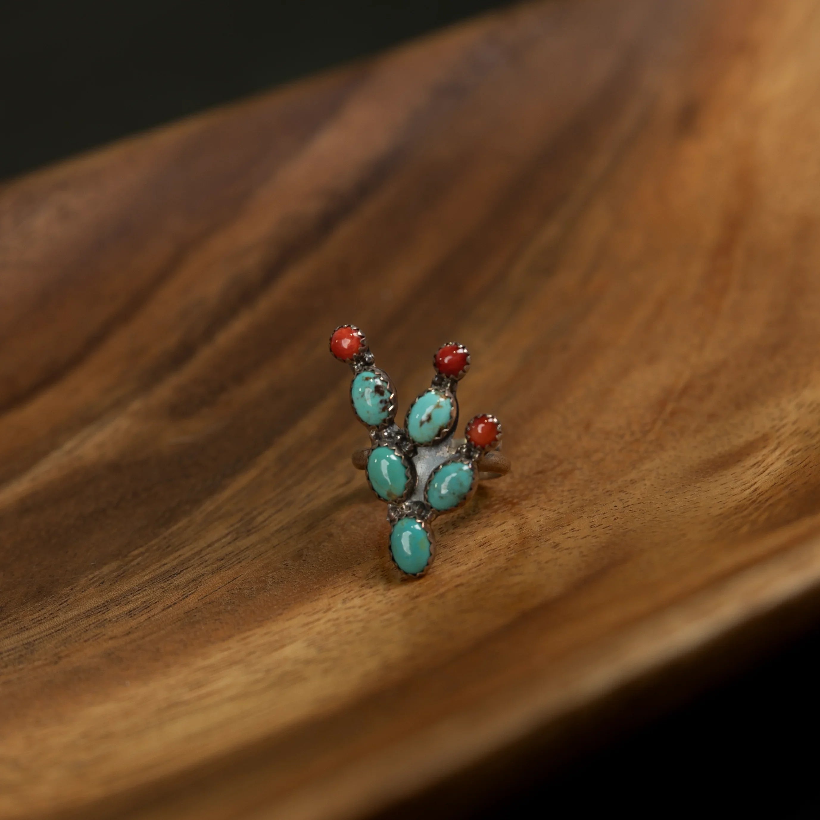 Women's Ted Secretaro Turquoise and Coral Cactus Ring