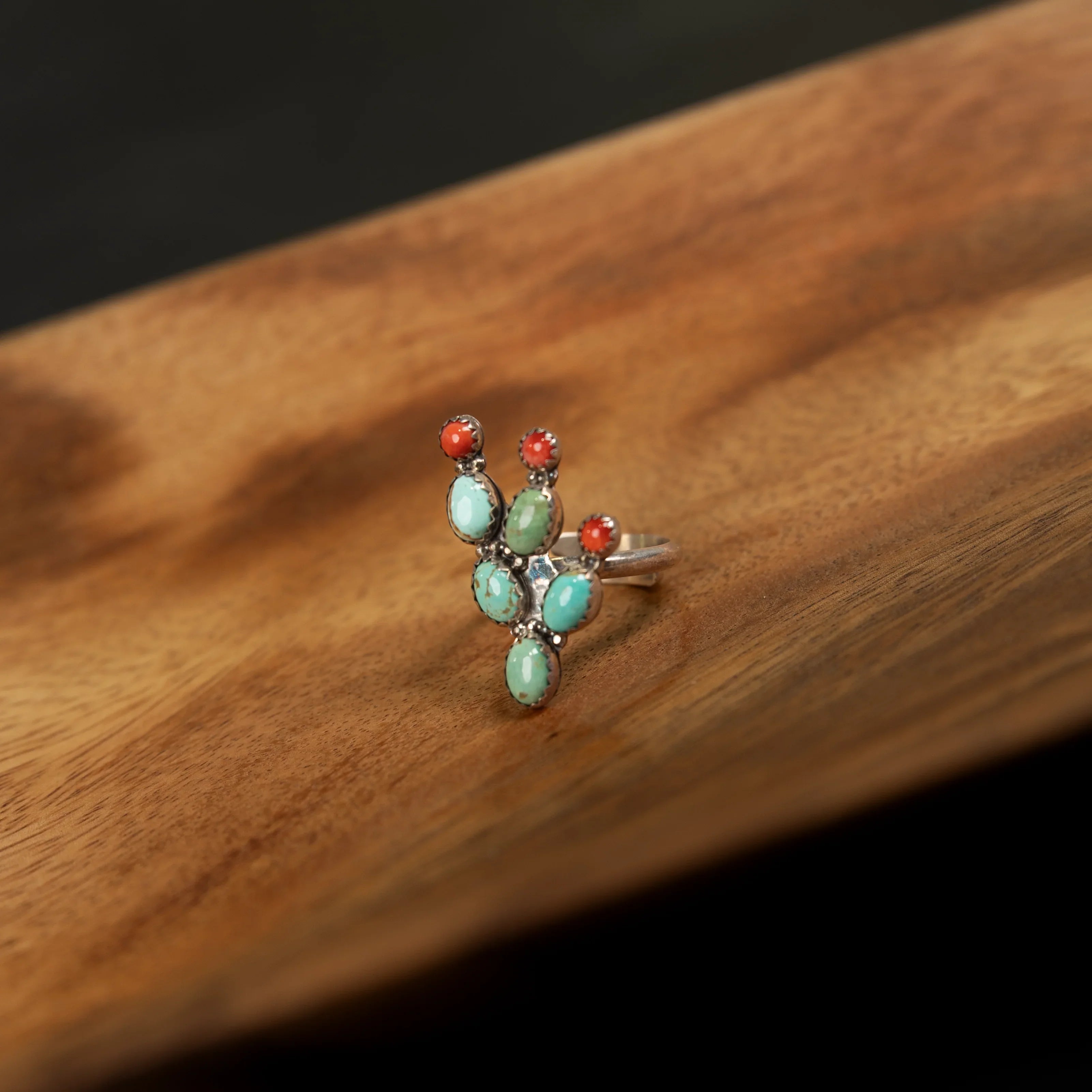 Women's Ted Secretaro Turquoise and Coral Cactus Ring