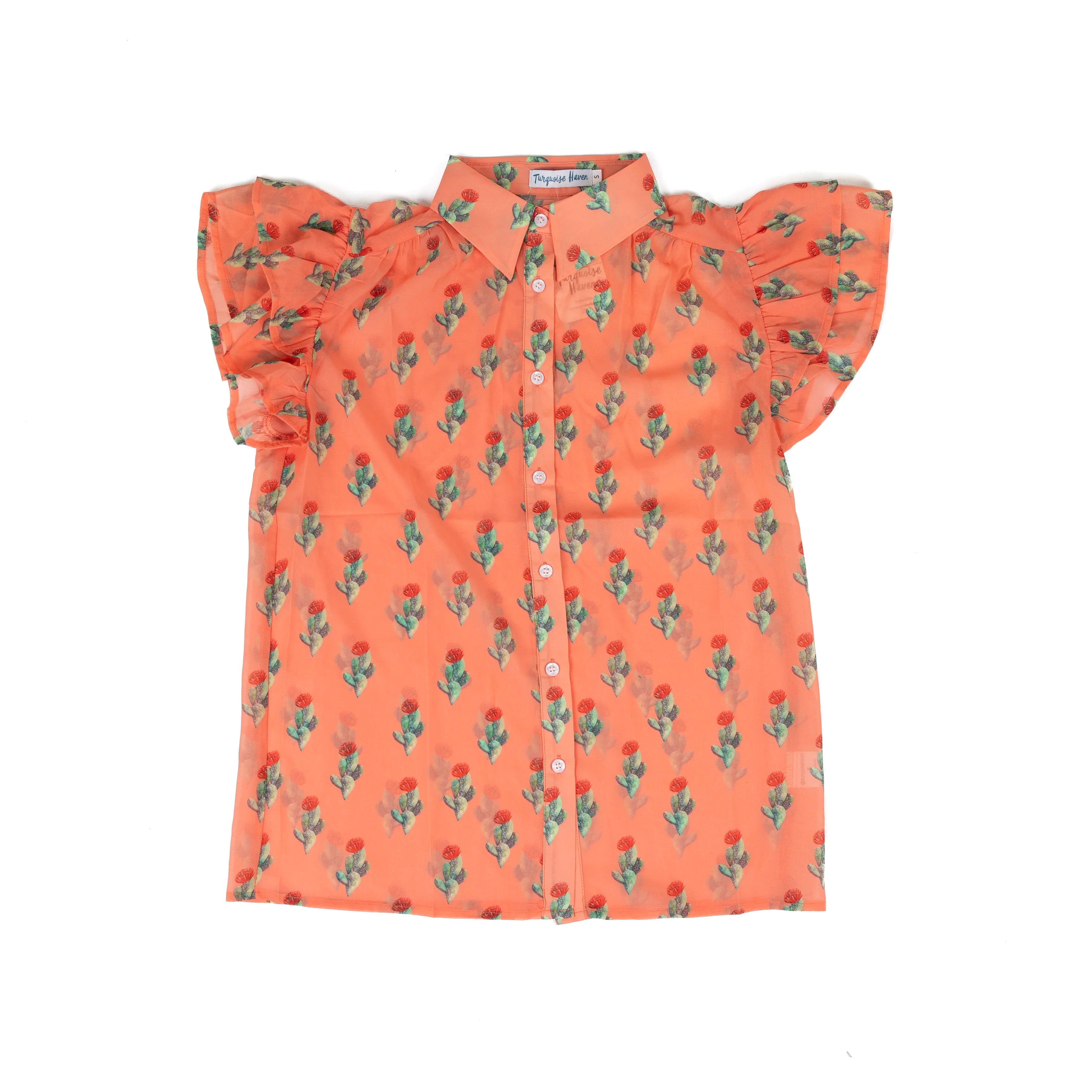 Women's Turquoise Haven Coral Cactus Flutter Sleeve Blouse