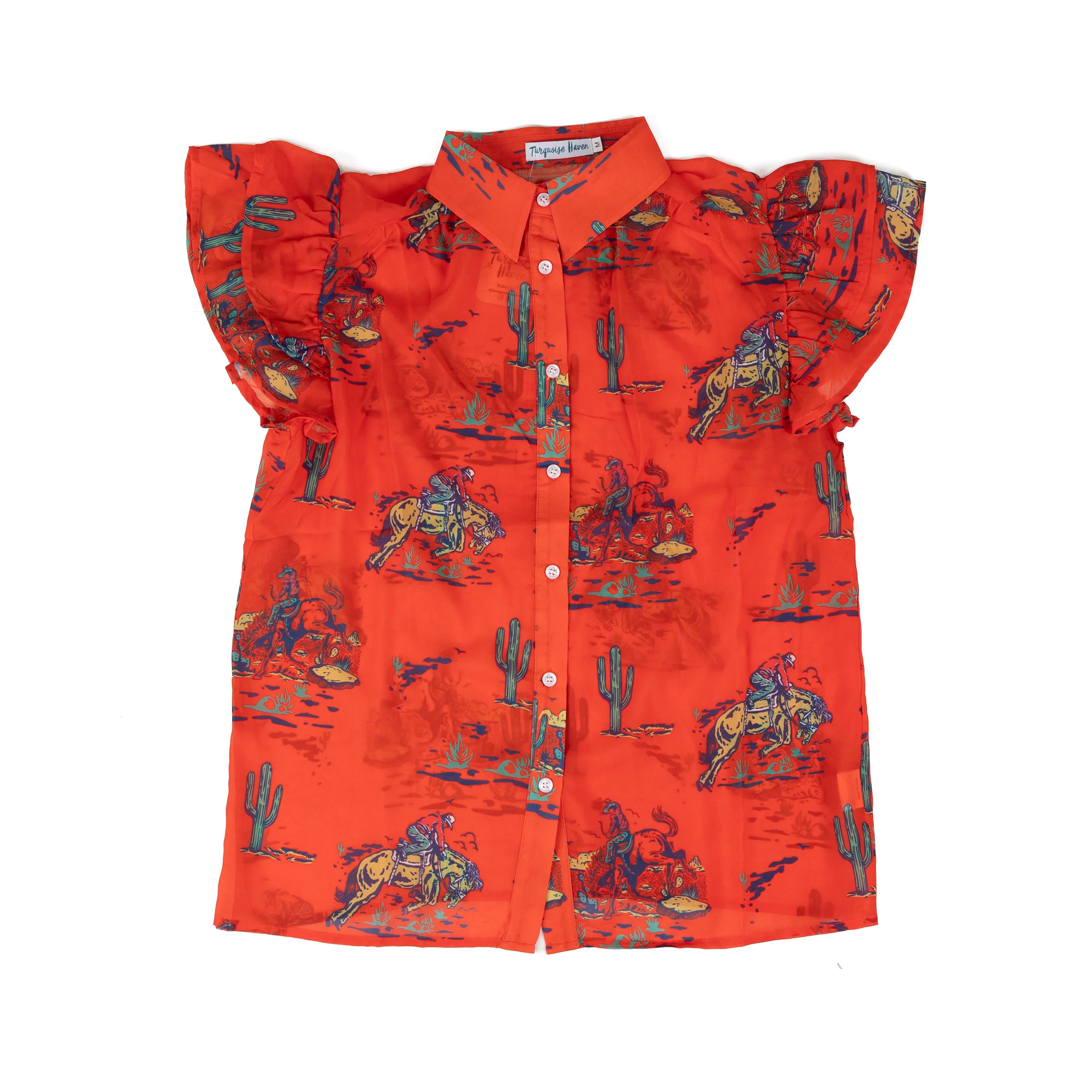 Women's Turquoise Haven Red Flutter Sleeve Cowboy Scene Blouse