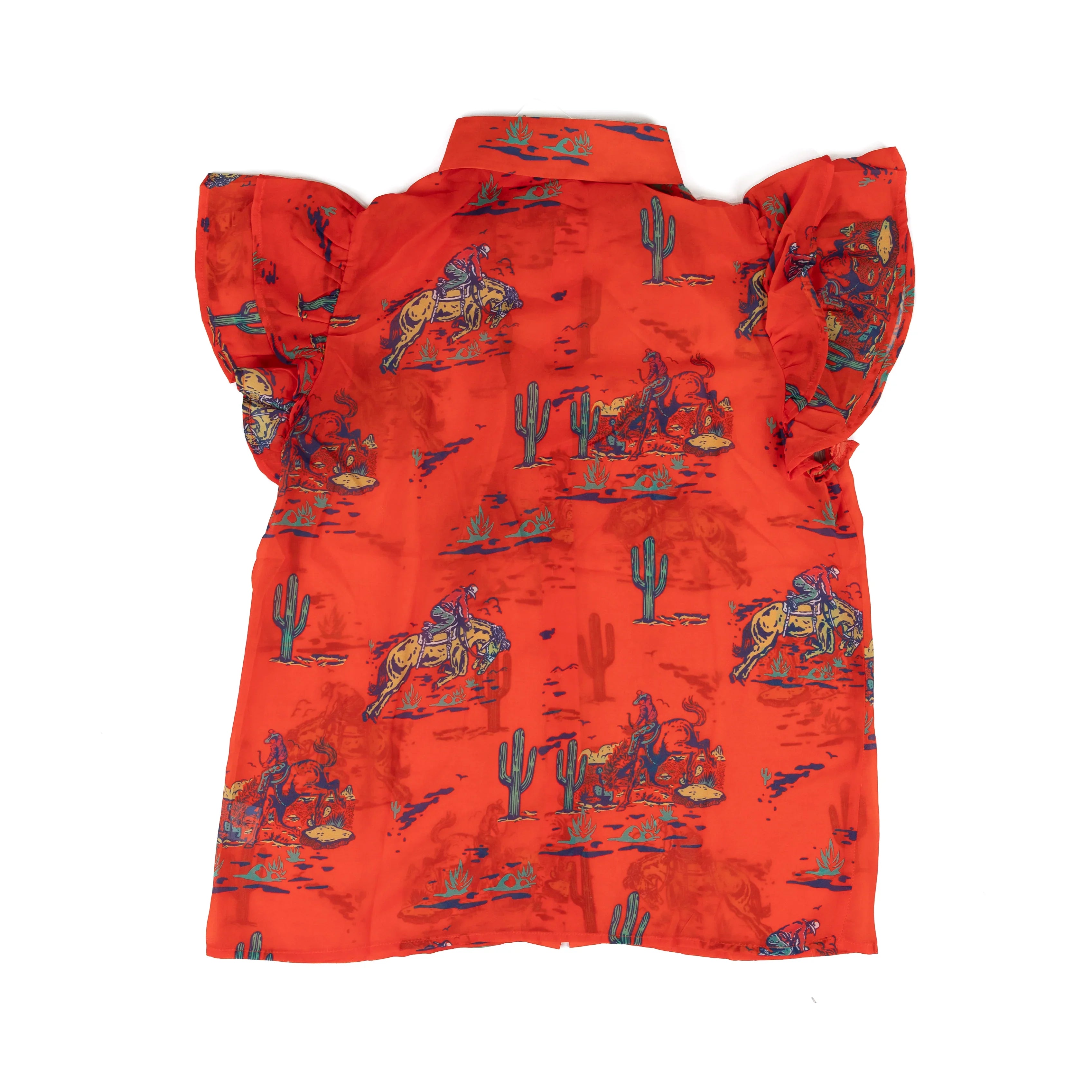 Women's Turquoise Haven Red Flutter Sleeve Cowboy Scene Blouse
