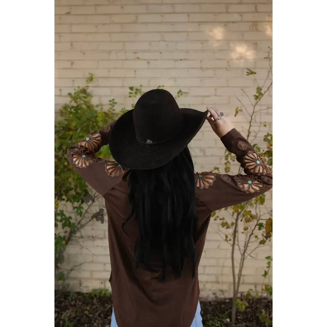 Women's TwoFly Chocolate Brown Wagon Wheel Long Sleeve Blouse