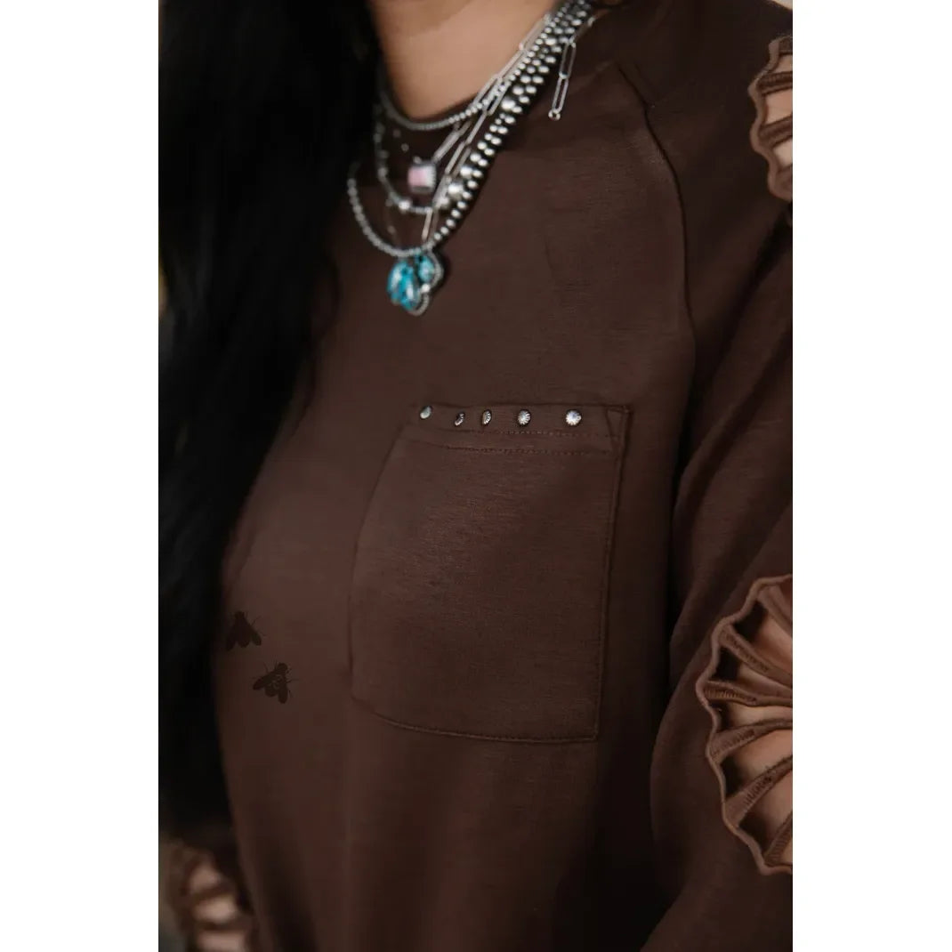 Women's TwoFly Chocolate Brown Wagon Wheel Long Sleeve Blouse