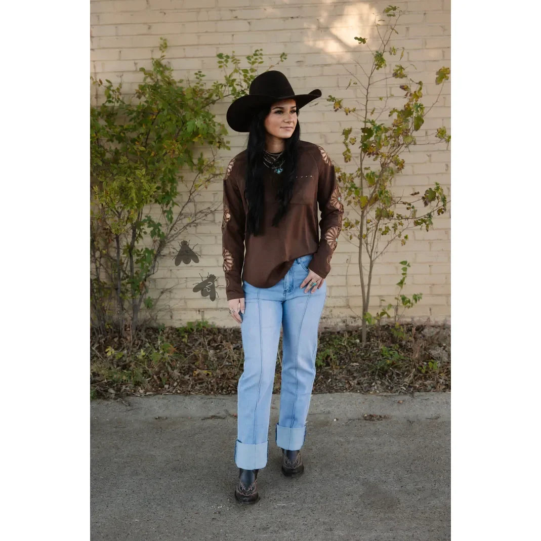 Women's TwoFly Chocolate Brown Wagon Wheel Long Sleeve Blouse