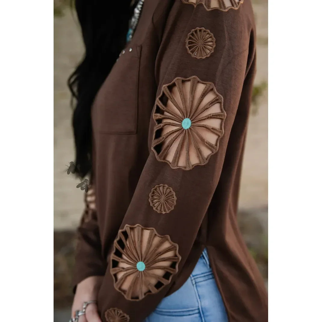 Women's TwoFly Chocolate Brown Wagon Wheel Long Sleeve Blouse
