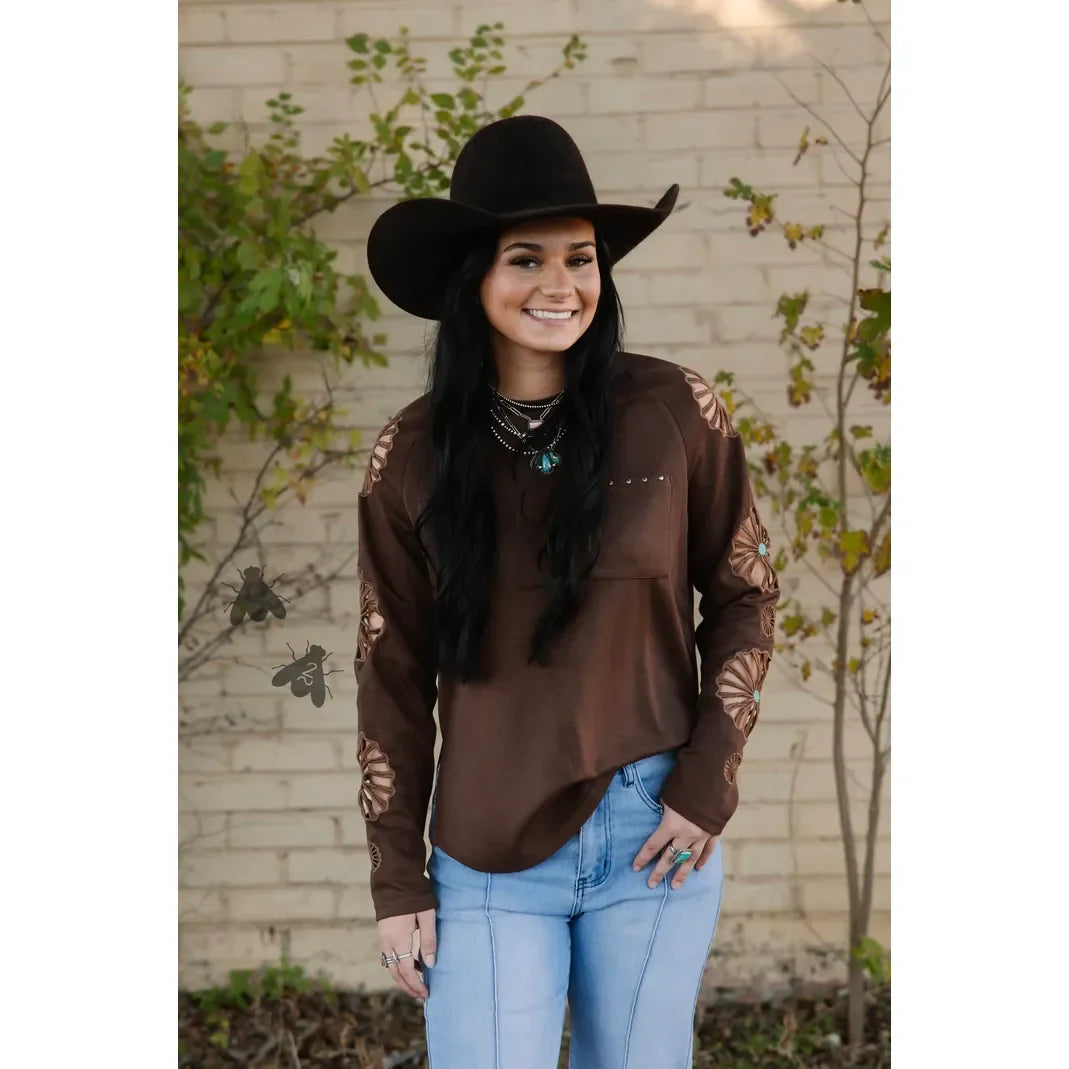 Women's TwoFly Chocolate Brown Wagon Wheel Long Sleeve Blouse