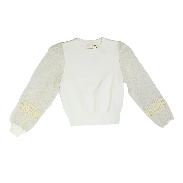 Women's Urban Daisy Lace Sleeve Rib Crewneck Sweater UD12181PT