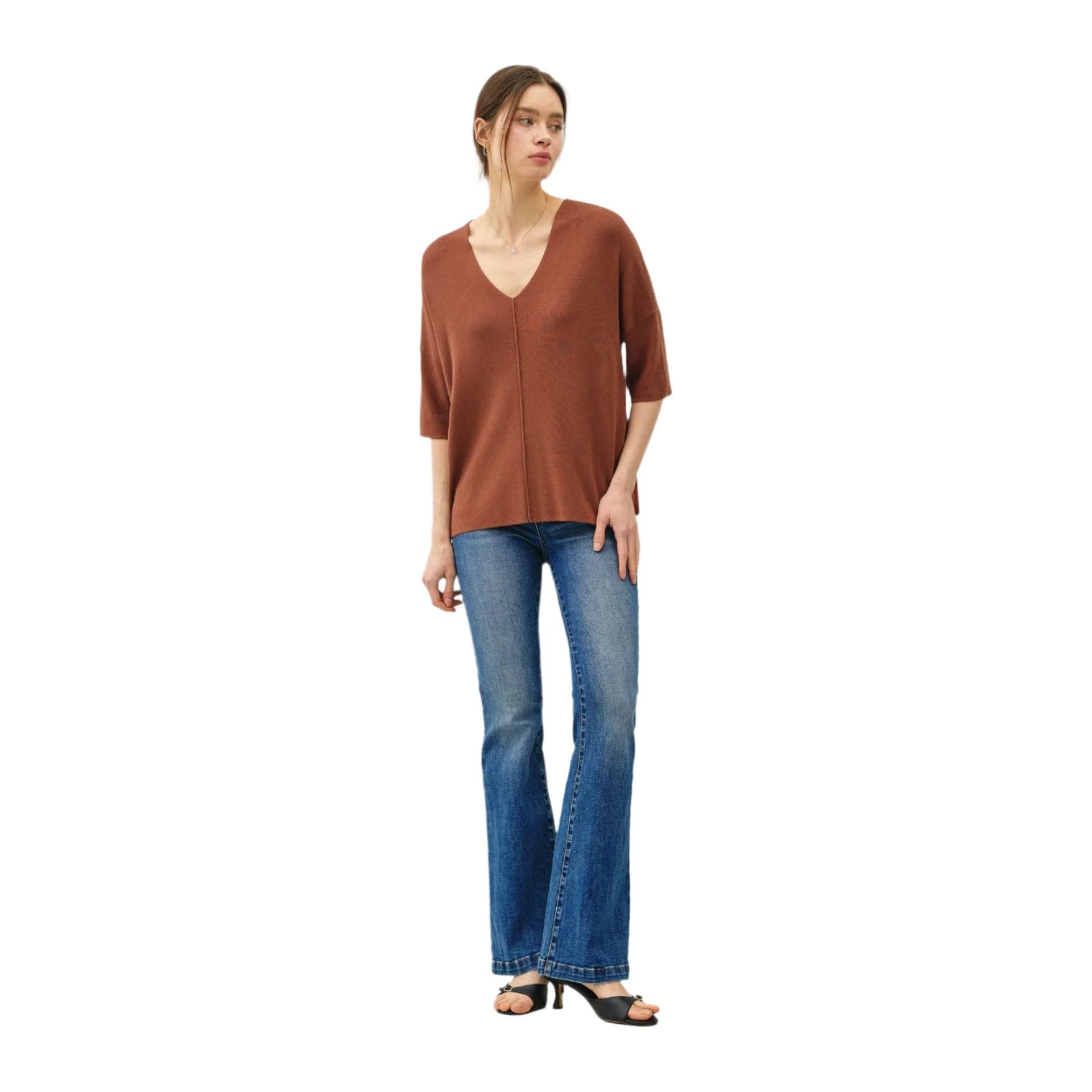 Women's V-neck Dropped Shoulder Half Sleeve Sweater 64360 - Crazy House Western Wear
