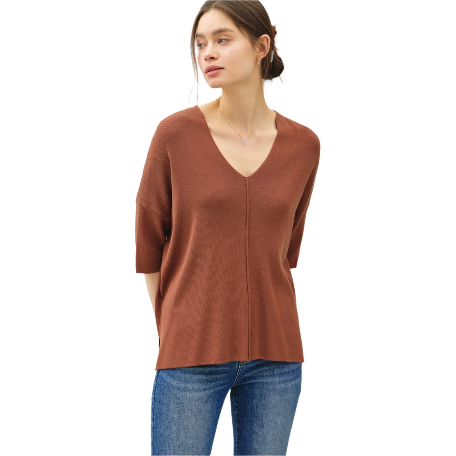 Women's V-neck Dropped Shoulder Half Sleeve Sweater 64360 - Crazy House Western Wear