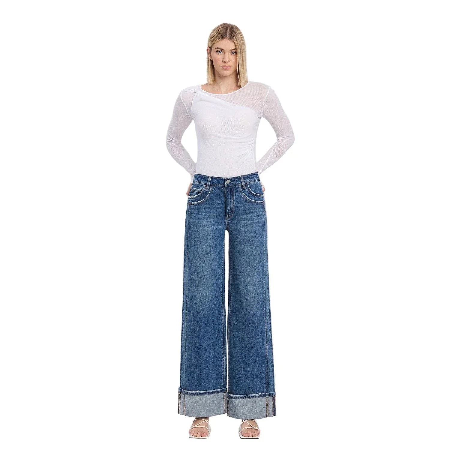 Women's Vervet High Rise Cuffed Panel Baggy Wide Jeans T6645
