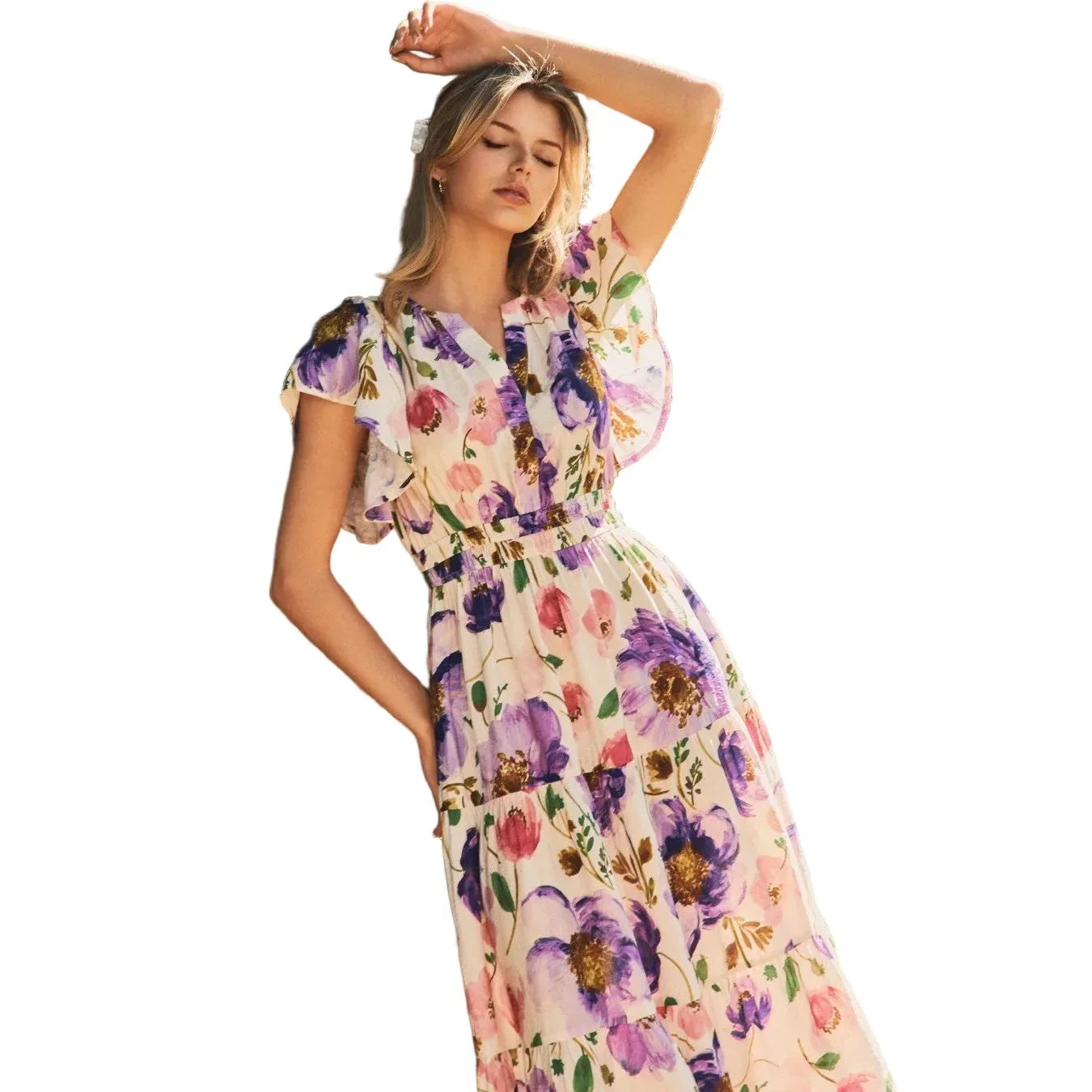 Women's Violet Garden Floral Printed Midi Dress ID18815