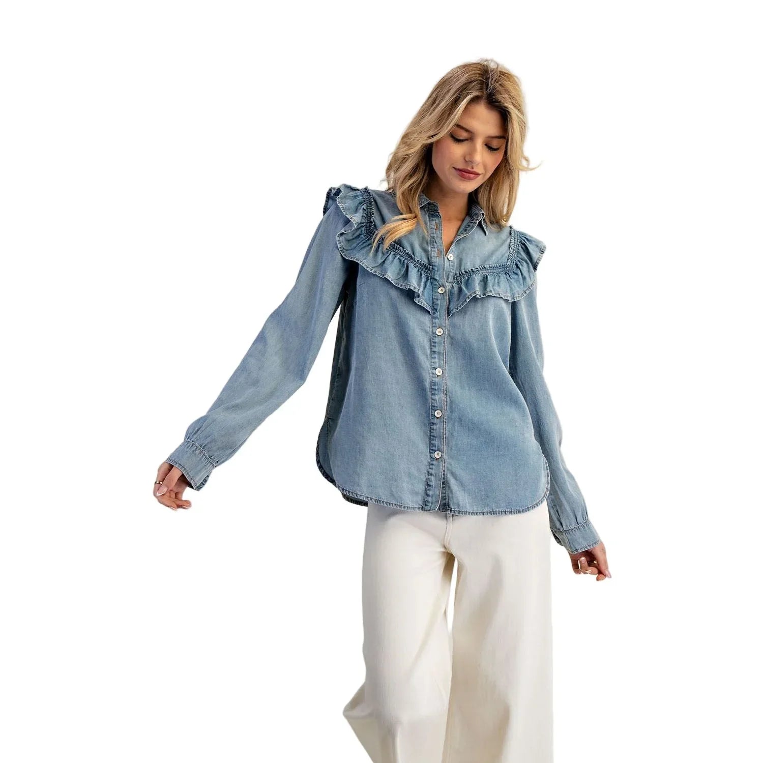 Women's Washed Denim Ruffle Button Down TH15057