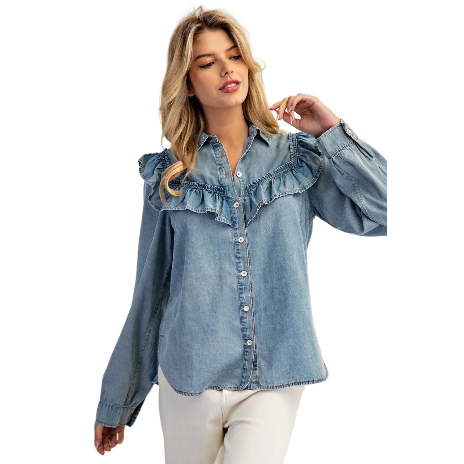 Women's Washed Denim Ruffle Button Down TH15057