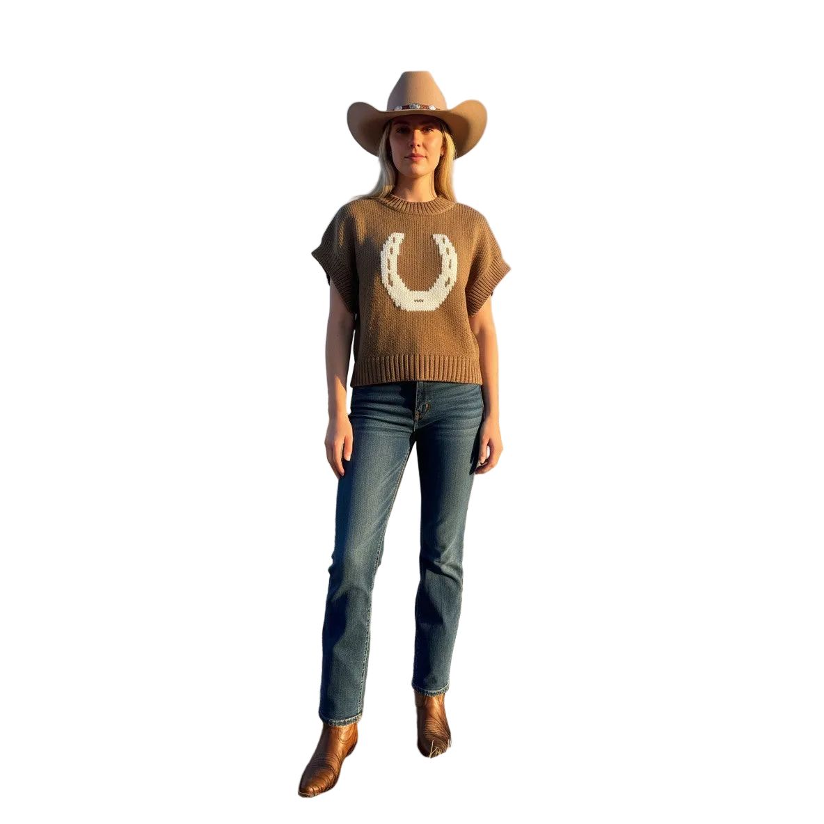 Women's Western Horseshoe Short Sleeve Sweater Top SDW6377