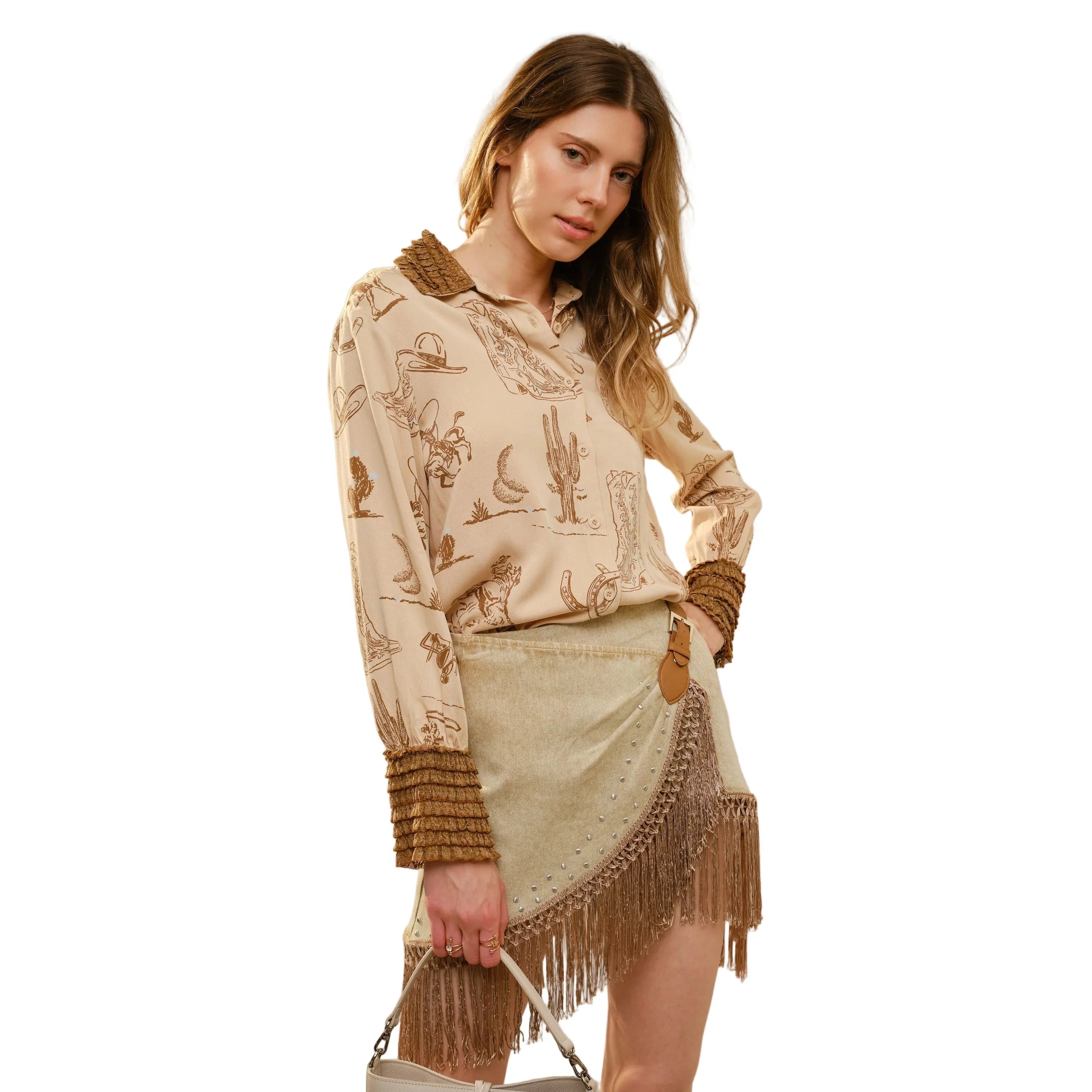Women's Western Printed Ruffle Cuff Shirt 37124T