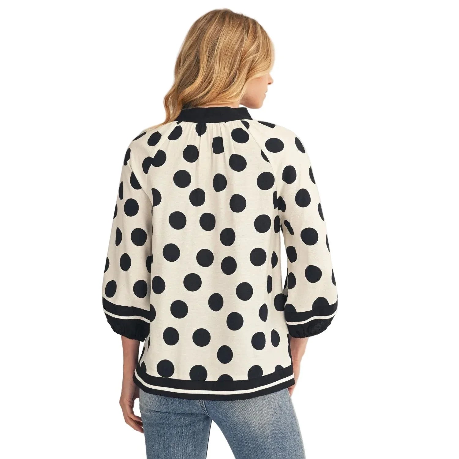 Women's White and Black Contrast Detail Side Slit Polka Dot Top H50220-4