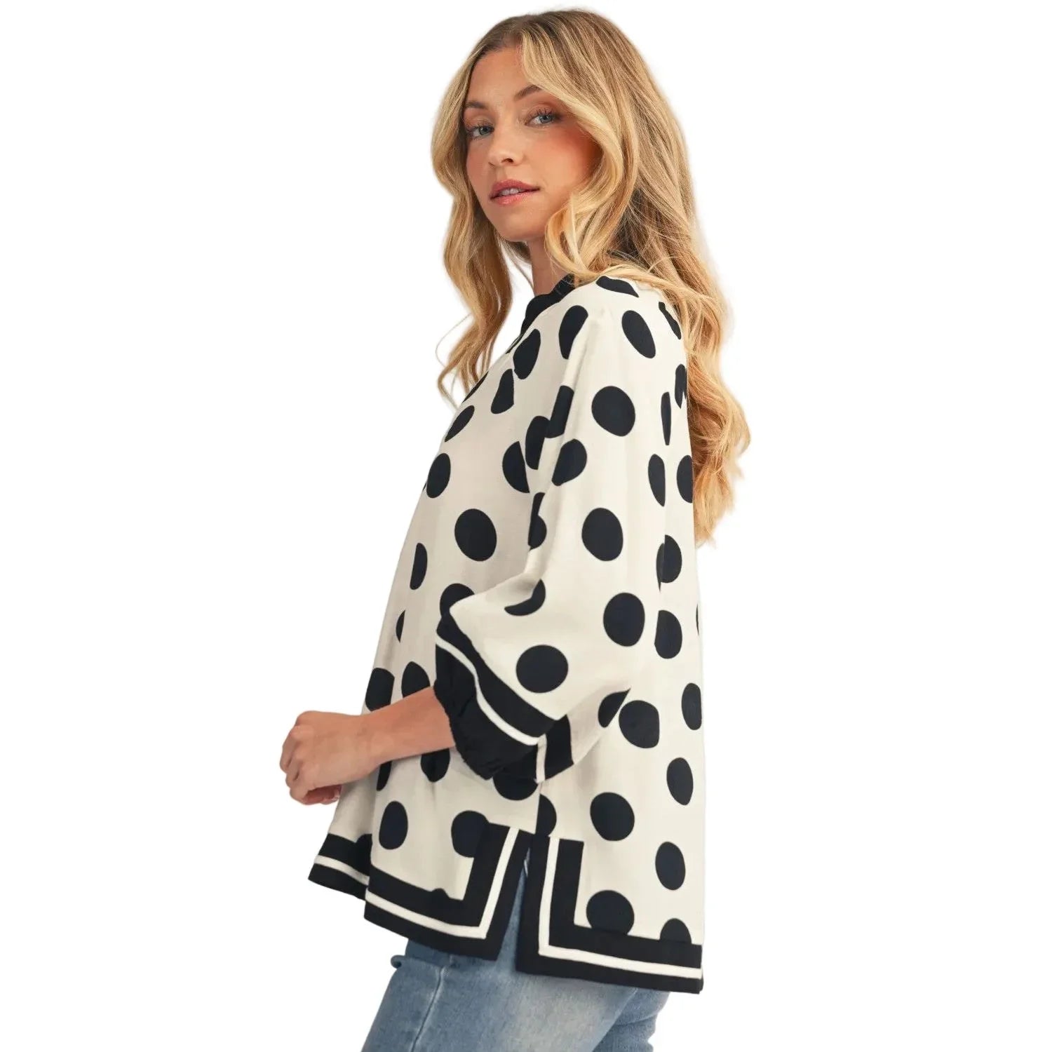 Women's White and Black Contrast Detail Side Slit Polka Dot Top H50220-4