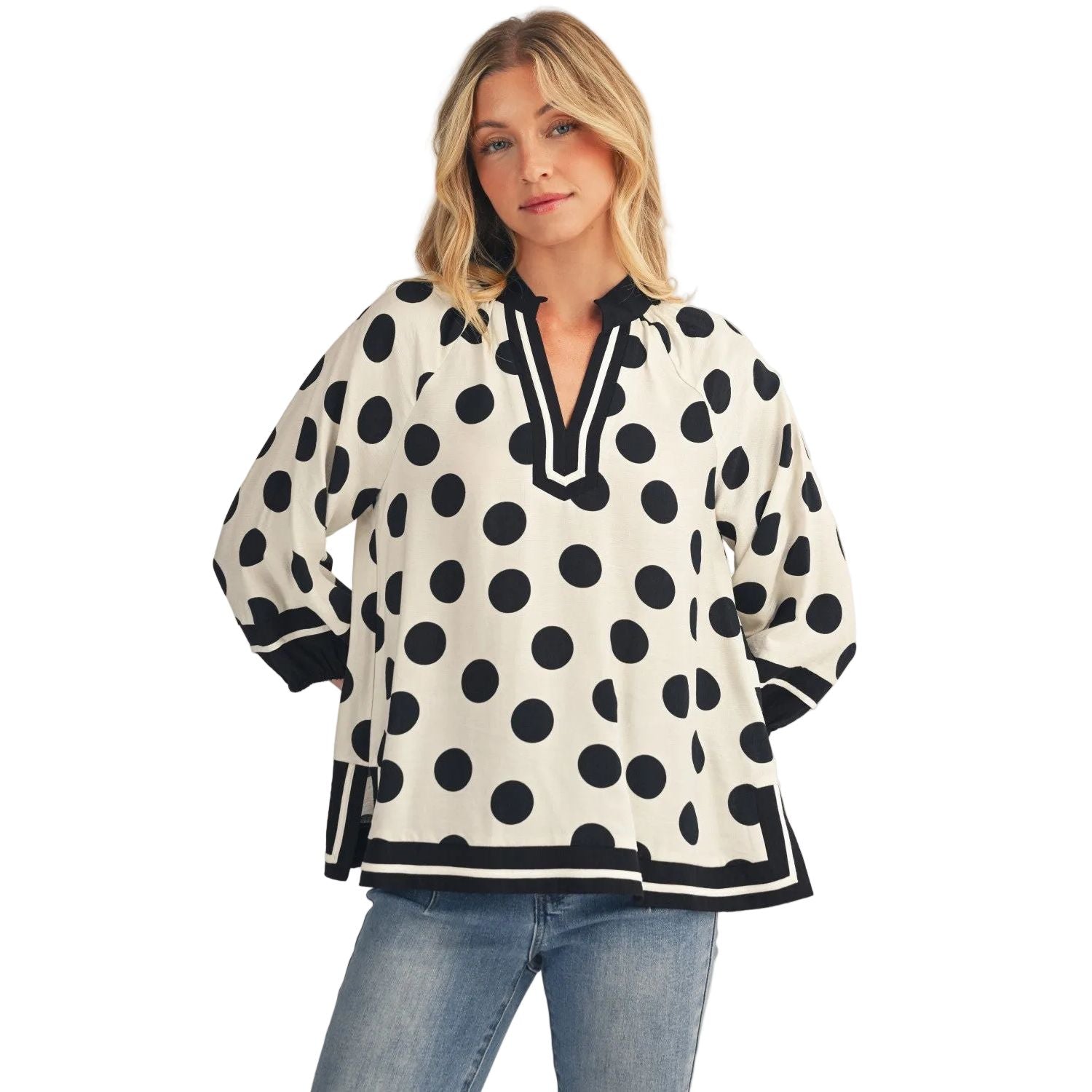 Women's White and Black Contrast Detail Side Slit Polka Dot Top H50220-4