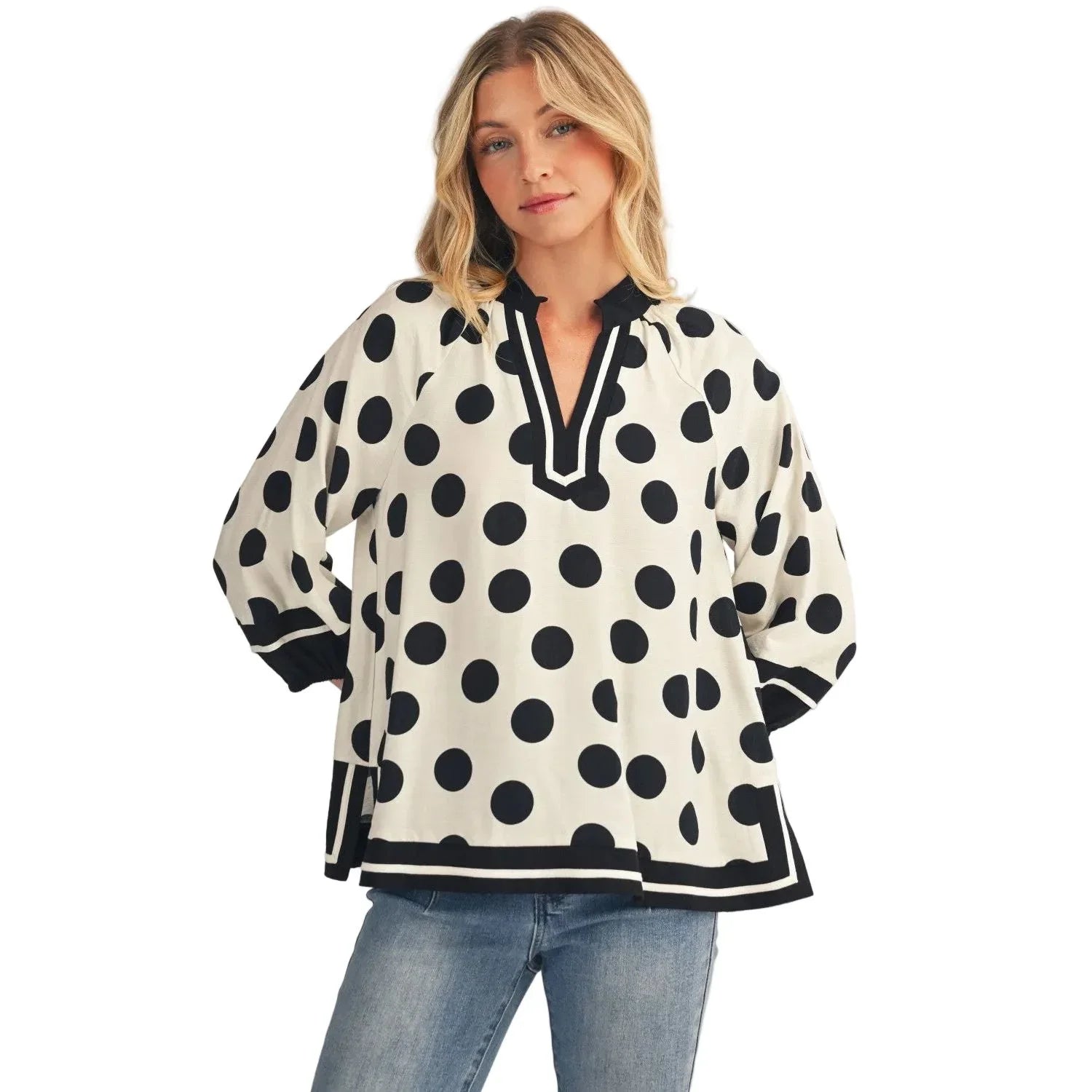 Women's White and Black Contrast Detail Side Slit Polka Dot Top H50220-4