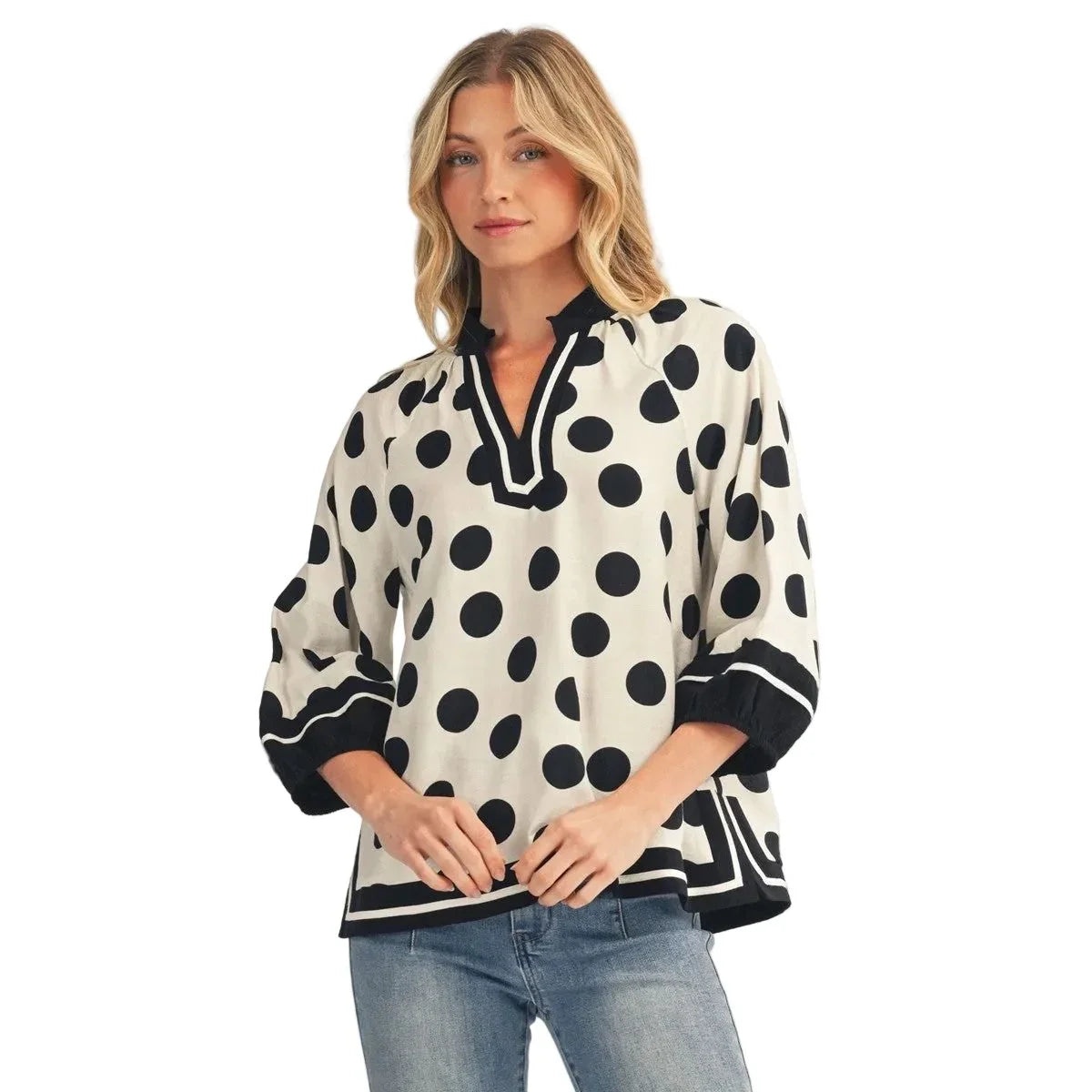 Women's White and Black Contrast Detail Side Slit Polka Dot Top H50220-4